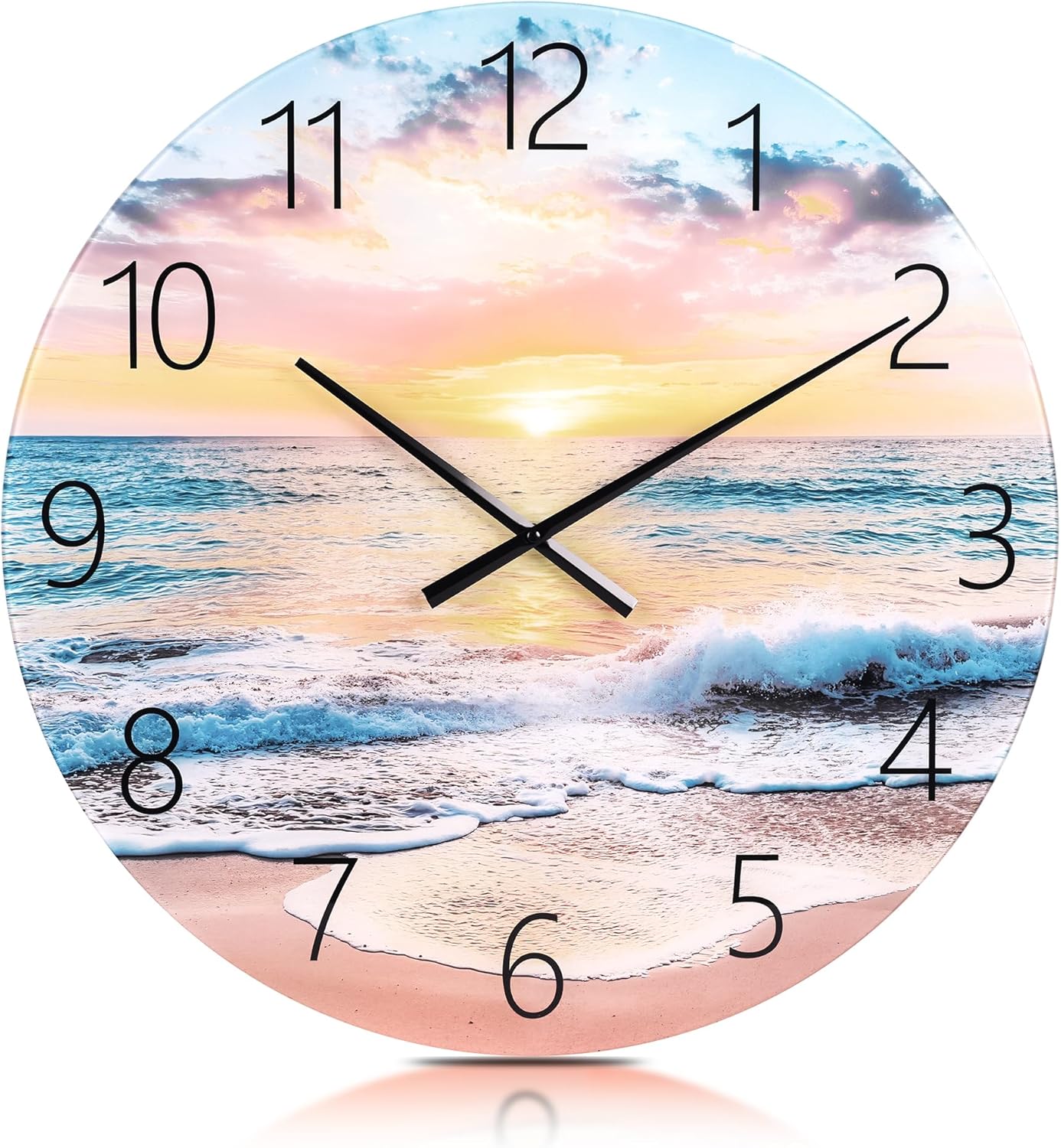 24in Glass Wall Clocks for Living Room Decor, Decorative Wall Clocks Battery Operated, Silent Kitchen Clocks, Wall Clock for Bedroom, Bathroom Beach 24in