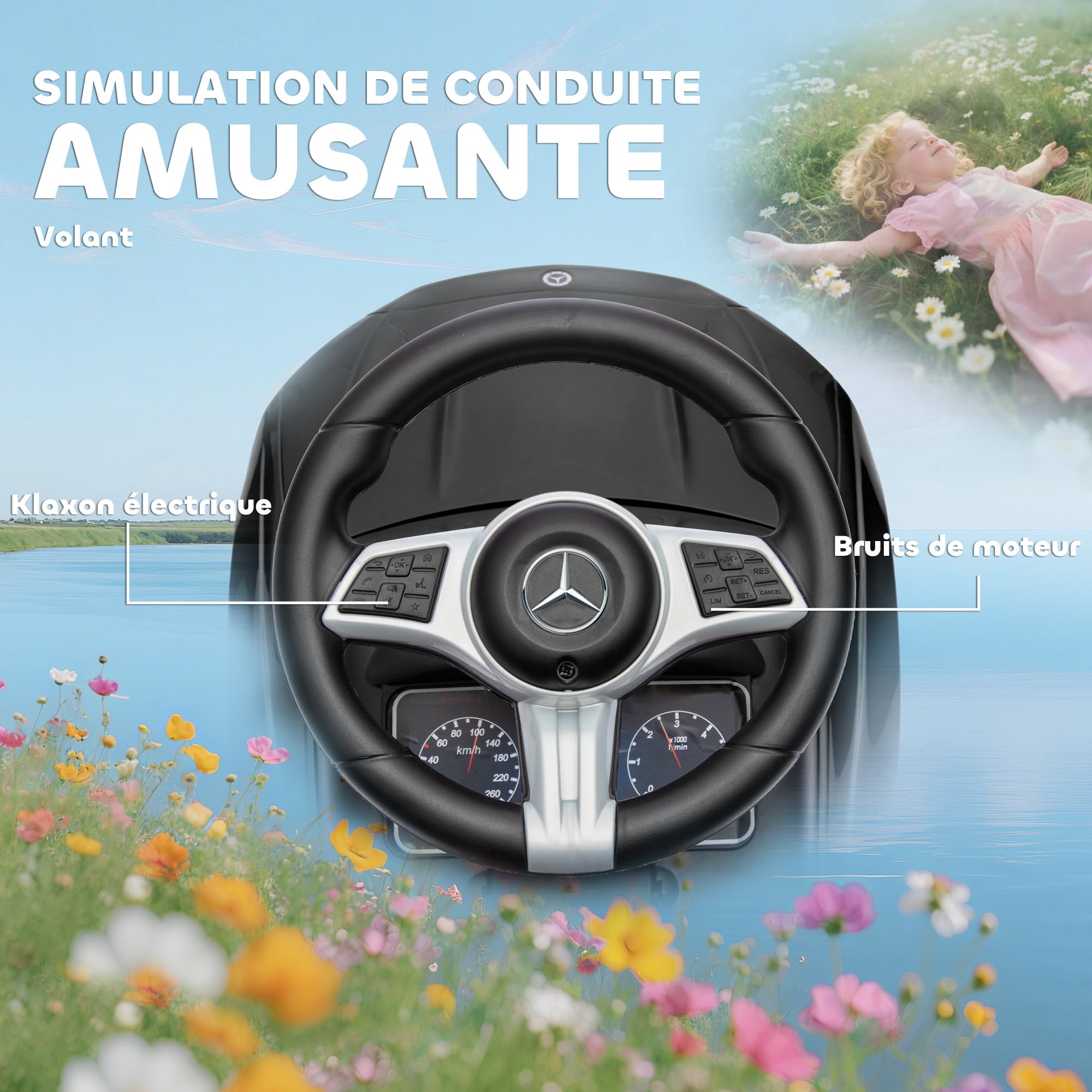 AIYAPLAY Portabebés Mercedes-Benz con Licencia, 2 en 1 con Asa Extraíble, Pasamanos, Espacio para Guardar Cosas, Claxón y Volante, para Niños de 18 a 36 Meses, Negro