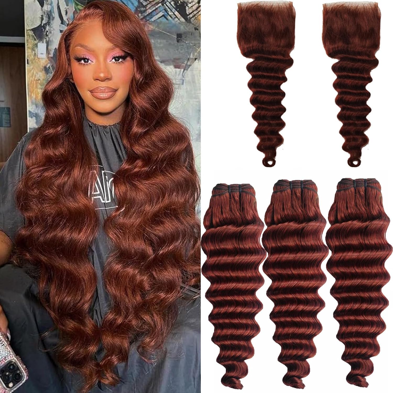 Reddish Brown Bundles with Closure(20 22 24+20),10A Brazilian Loose Deep 3 Bundles with 4x4 Lace Closure with Bundles Human Hair Auburn