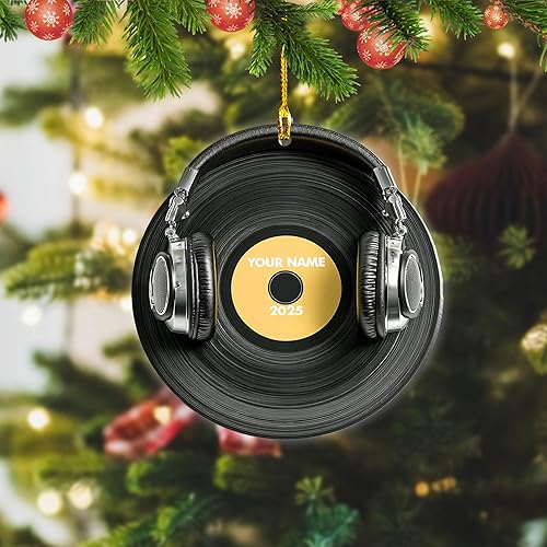 Miniatura 5 de Adorno de Navidad personalizado, máquina de discos de vinilo, adorno plano 2D, adorno para tocadiscos, instrumento musical, decoración de árbol de