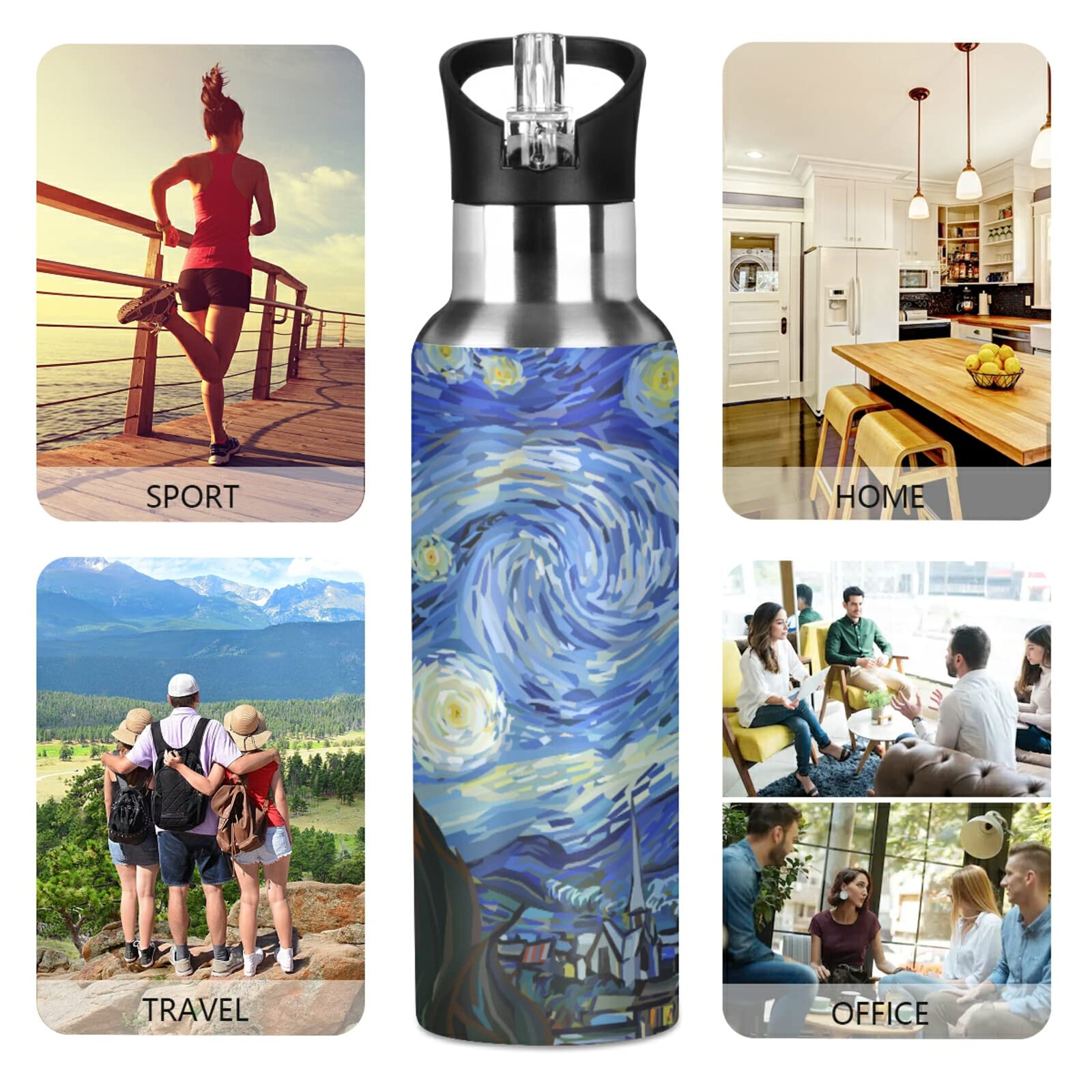 JUMBEAR Starry Night Van Gogh - Borraccia Termica In Acciaio Inox, A Tenuta Stagna, Con Coperchio In Paglia, Per Fitness, Palestra E Sport All'aria