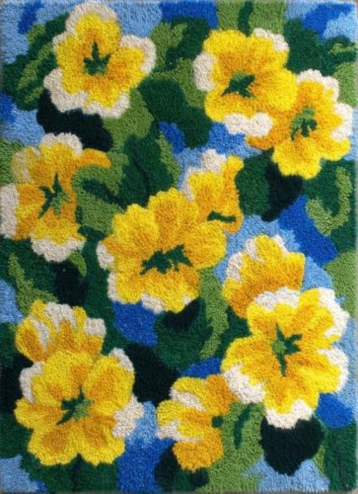XDEGHUANGSS Latch Hook Rug Kit Evening Primrose Flowers and Green Leaves with Pre-Printed Mat Cover DIY Cushion Crochet Yarn Hooking Craft Set for Floor Decor 38x52cm-3
