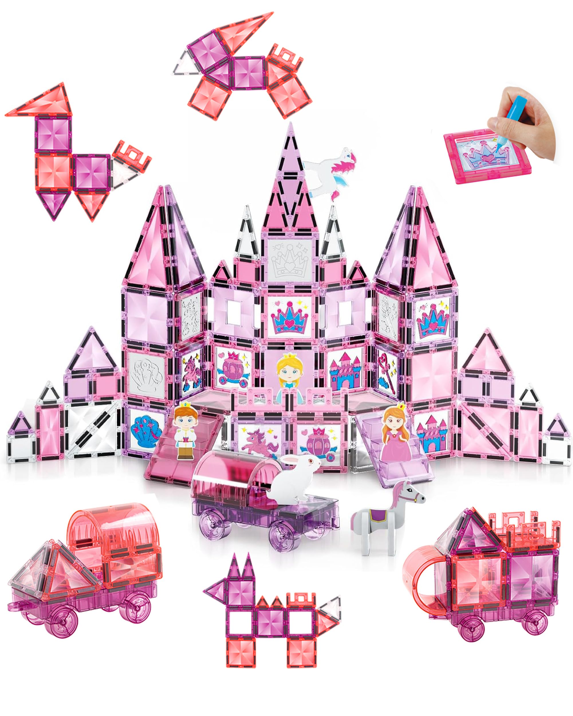 Piastrelle magnetiche in rosa, set da 126 pezzi, piastrelle magnetiche con matite e adesivi fai da te, giocattolo educativo STEM per bambini dai 3 anni in su