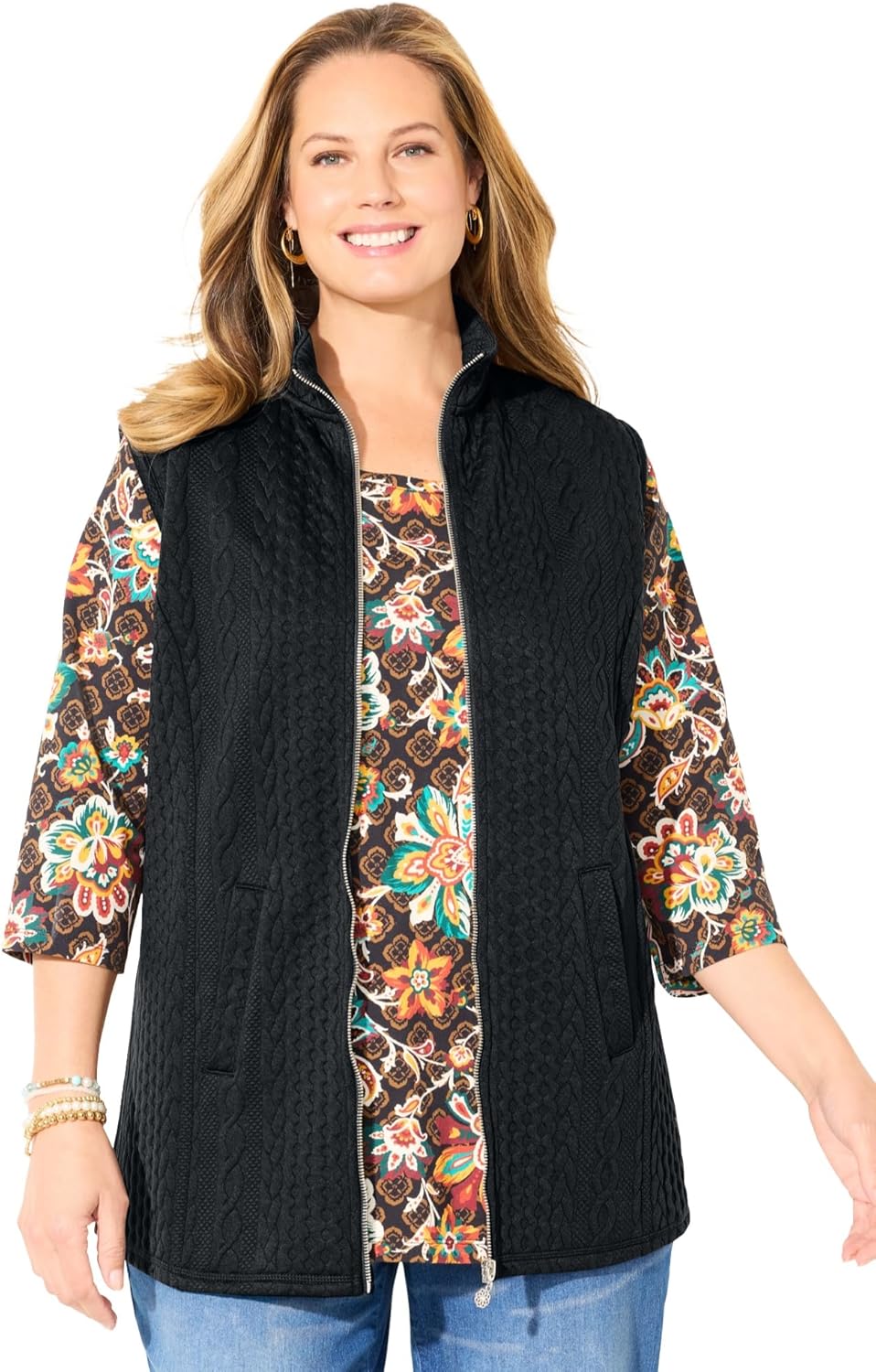 Women's Plus Size Zip-Front Cable Vest