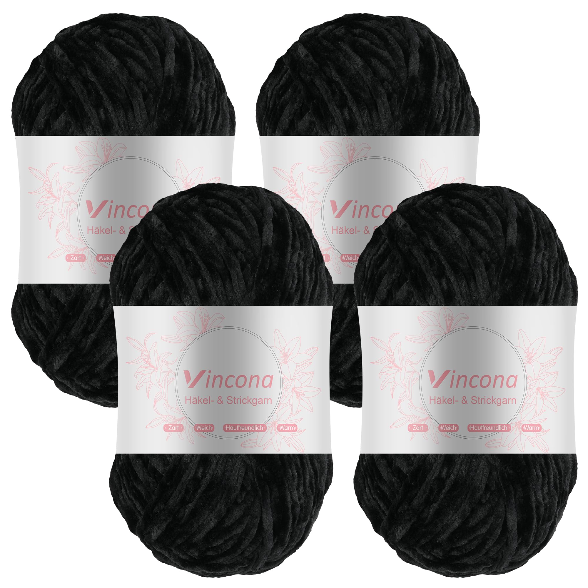 Vincona 4 x 100g Chenille Wolle zum Häkeln - Kuschelig und hautfreundlich，Garn zum Stricken und Häkeln