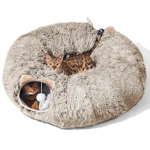Cat Tunnel with Cat Bed for Indoor Cats, Soft Plush Peekaboo Cat Cave Donut Tunnel, Multifunctional Playground Toys Hideplace for Small Medium Large Kittens, Rabbit, Ferret, Brown - BROWN