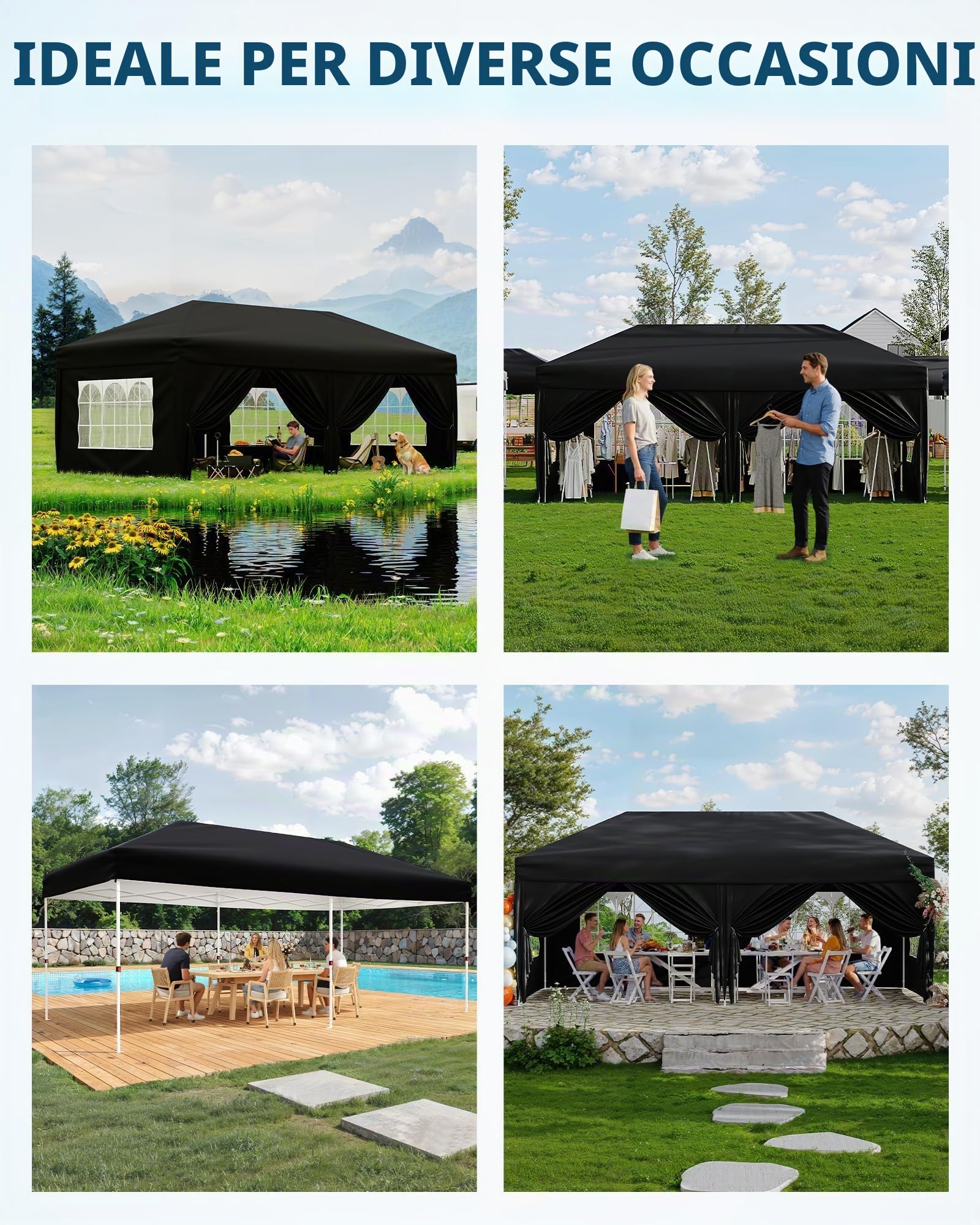 Gazebo Pieghevole 3x6 m da Giardino con 6 Pareti Laterali | Acciaio verniciato, Copertura resistente, 6 pareti laterali, 4 finestre, Giardino, Festa, Campeggio