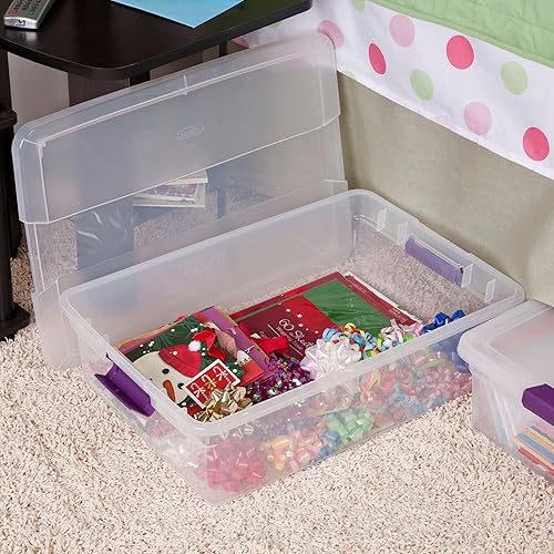 Miniatura 9 de Sterilite ClearView Latch - Caja organizadora apilable de 32 cuartos de galón de capacidad con asas color ciruela dulce (paquete de 12)