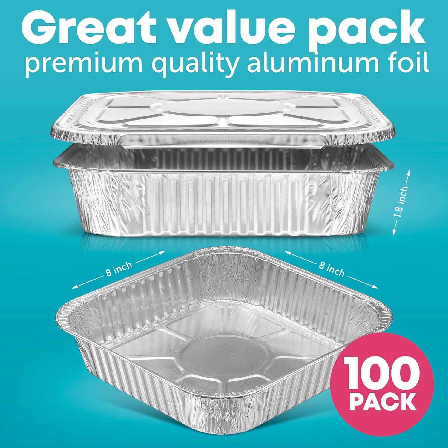 Diplastible Aluminum Pans with Lids - Pack of 100 - Disposable 8x8 Foil Pans, Cake Pan, Brownie, Lasagna - Heavy Duty, Oven Safe Meal Prep Containers for Cooking, Serving Food, Catering