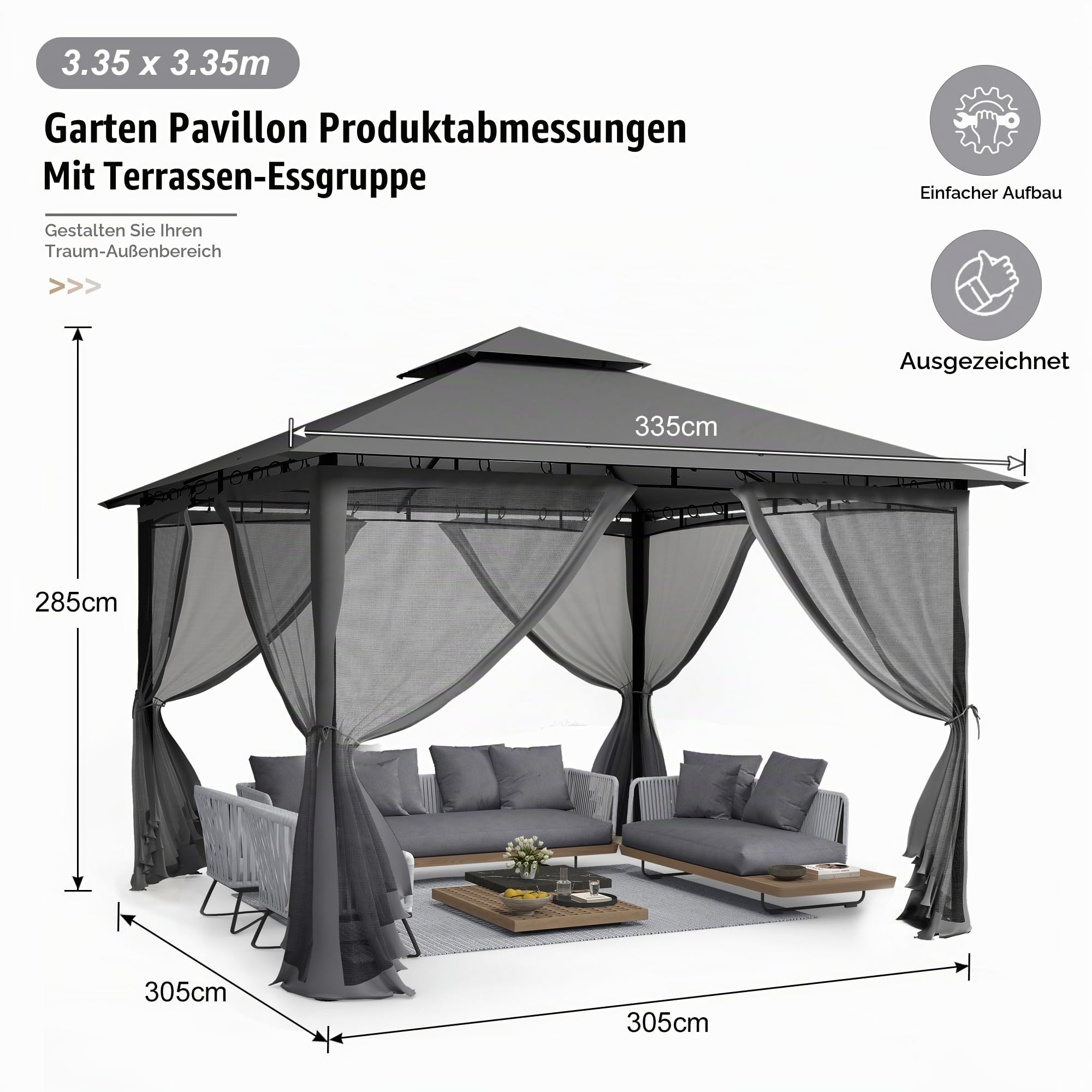 UDPATIO Pavillon 3,35x3,35m Wasserdicht Stabil Winterfest, Gartenpavillon mit Doppeldach, Moskitonetz und Metallrahmen, Doppeldach Gartenlaube für Garten, Terrassen (Grau)