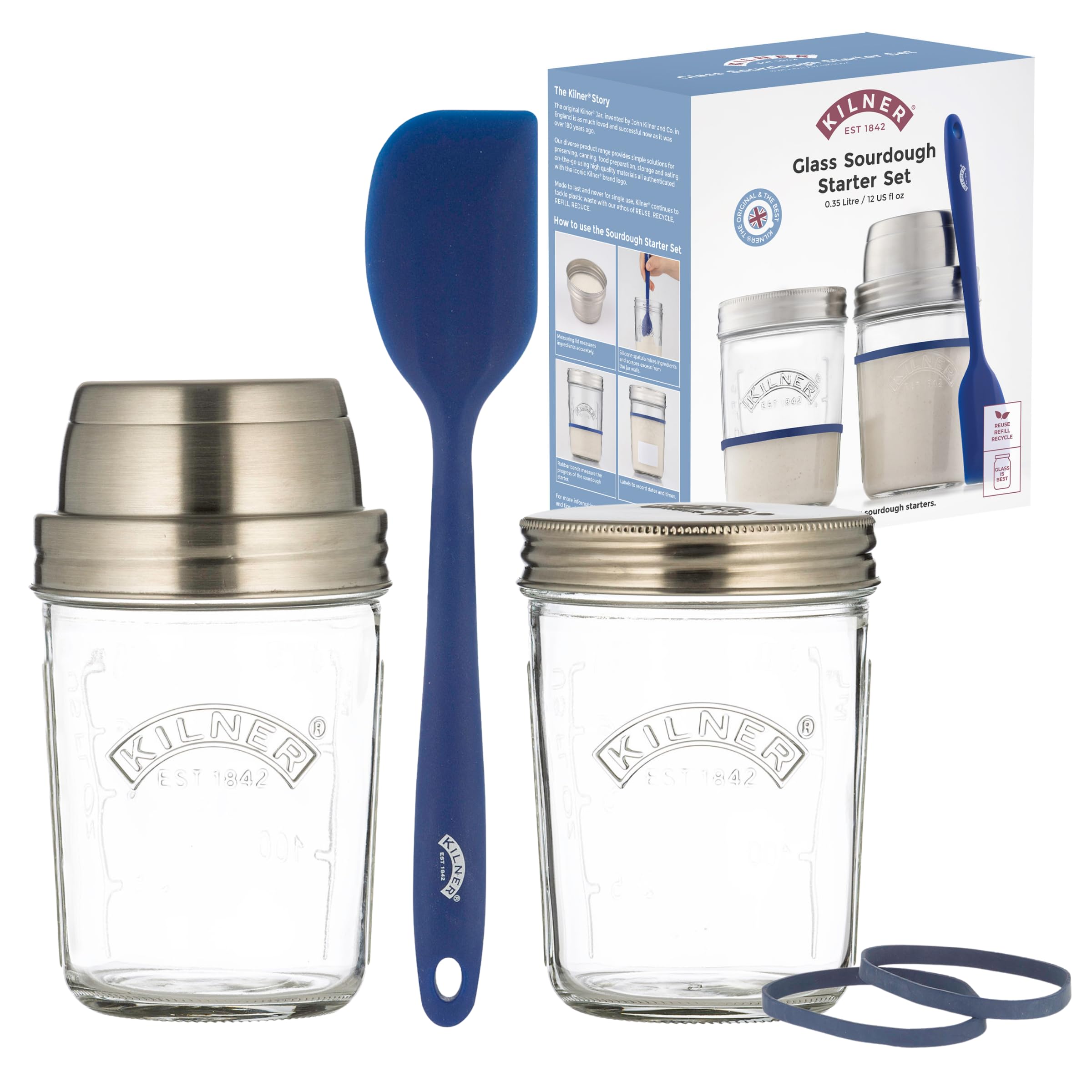 sauerteig aufbewahren gefäß Kilner Starter Set 5-teilig, 2x 350 ml Gärglas mit Edelstahl Messbecher-Deckel, Silikon-Spatel, 2 Gummiringe, Sourdough Starter Kit zum selber Brot backen, Sauerteigbrot, Pizzateig & mehr Lebensmittel & Getränke schmuckständer-diy-papierolle-kleber-pinsel-schere-stoff-armband -schmuck-srmbanduhr Modern Country Farbe:Türkis