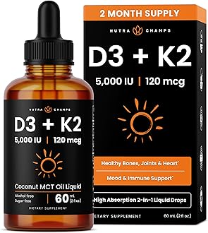 Vitamin D3 K2 Drops, Liquid Vitamin D3 5000 IU & K2 D3 with MK7, Vitamin D Drops for Kids, Bones, Heart & Immune Health, Liquid Vitamin D in MCT Oil for Better Absorption