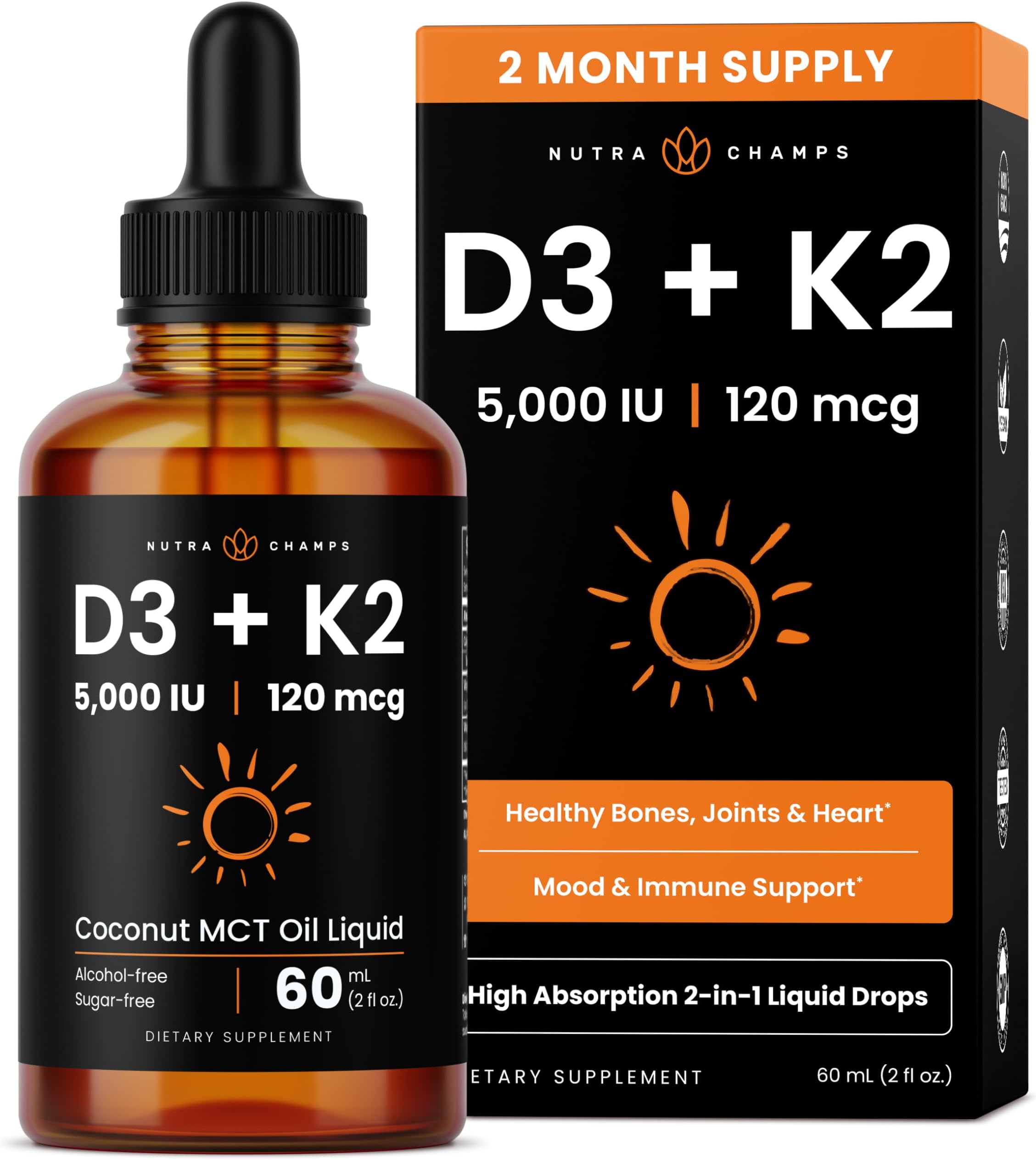 Vitamin D3 K2 Drops | Liquid Vitamin D3 5000 IU & K2 D3 with MK7 | Vitamin D Drops for Kids | Bones, Heart & Immune Health | Liquid Vitamin D in MCT Oil for Better Absorption Than Capsules & Gummies
