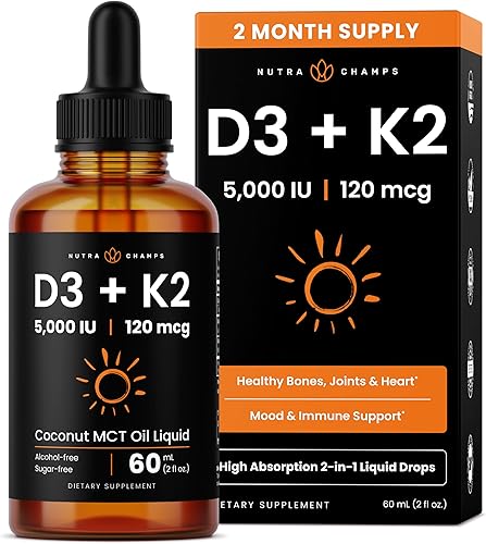 NutraChamps Gotas de vitamina D3 K2, vitamina líquida D3 5000 UI y K2 D3 con MK7, gotas de vitamina D para niños, huesos, salud cardíaca e