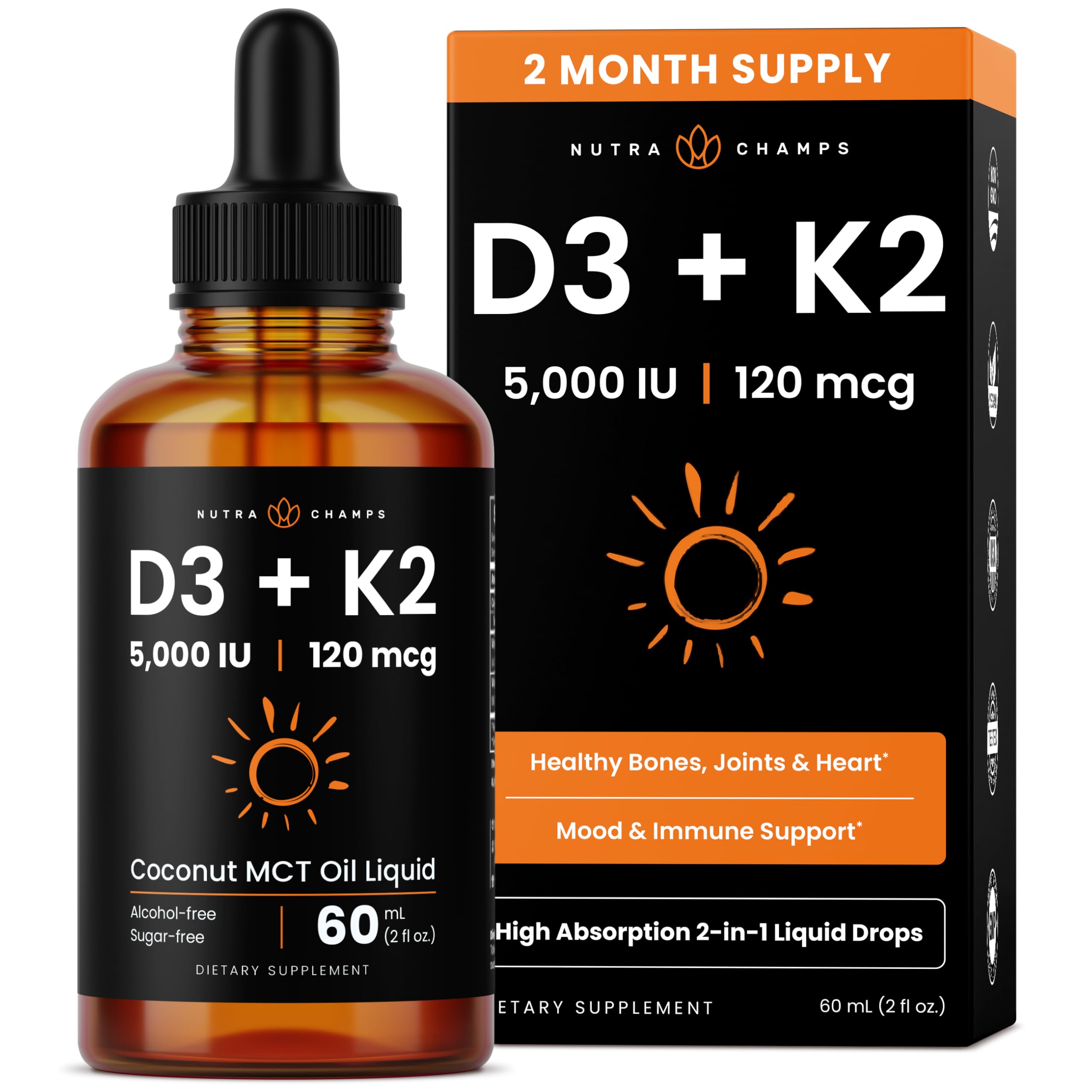 Vitamin D3 K2 Drops | Liquid Vitamin D3 5000 IU & K2 D3 with MK7 | Vitamin D Drops for Kids | Bones, Heart & Immune Health | Liquid Vitamin D in MCT Oil for Better Absorption Than Capsules & Gummies