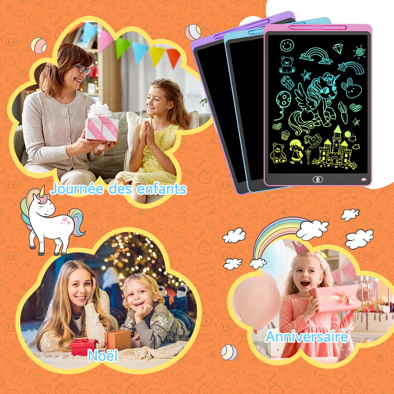 Tablette d'écriture LCD 12 Pouces Lot de 3 - Ardoise Magique Enfant avec Écran Sensible Pression & Couleurs Arc-en-Ciel