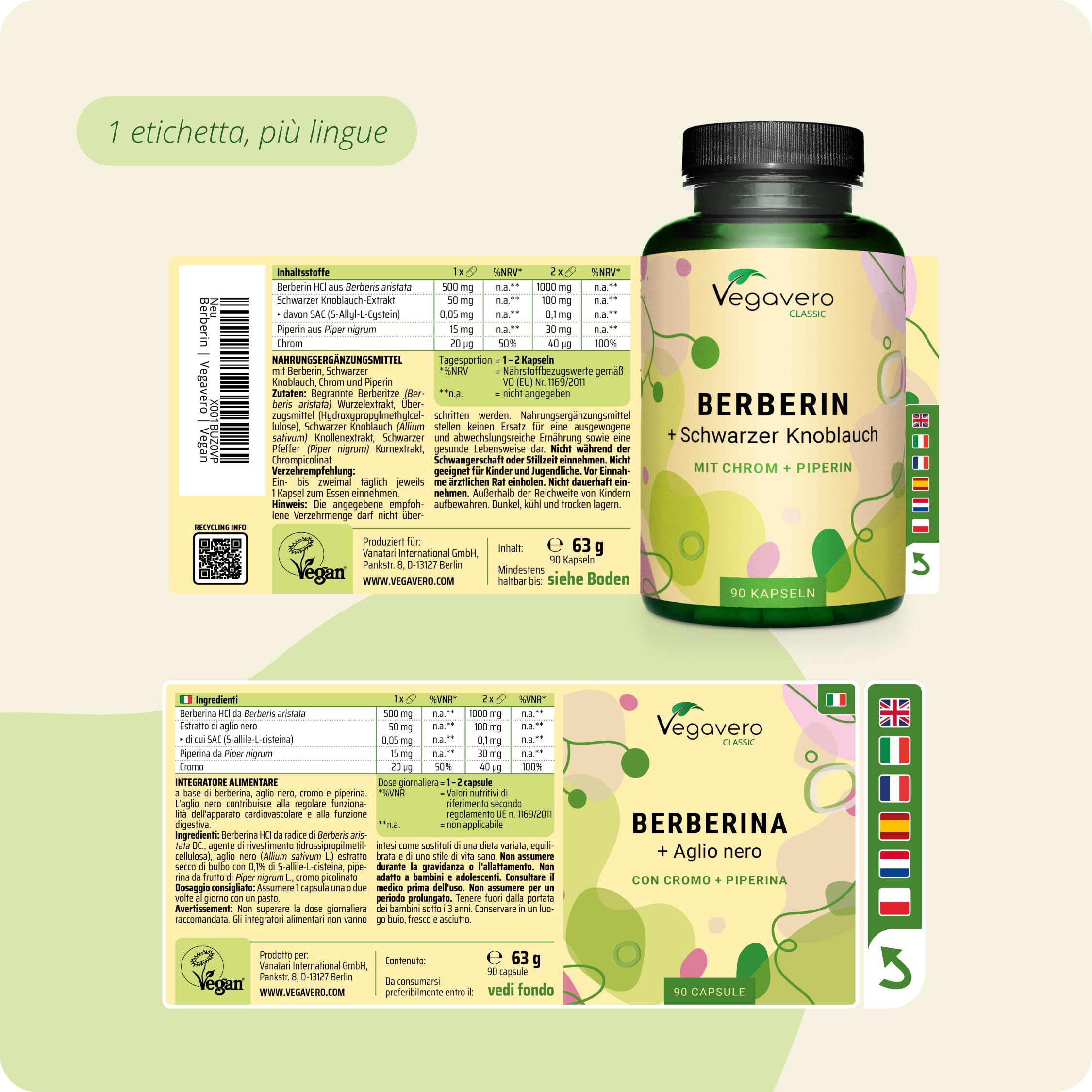 Berberina 1.000 mg | con Cromo, Pepe Nero e Aglio Nero | Berberine Pura e Naturale 97% da Berberis aristata | Vegan e Senza Additivi | Vegavero®