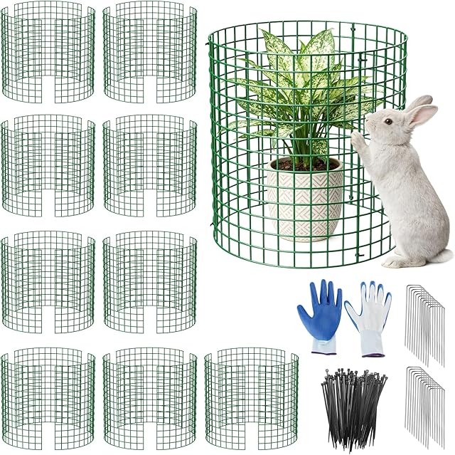 MQJIAZHI 10er Set Pflanzen Schutzgitter, 33cm Hohes Grünes Metall Pflanzenschutzkäfig mit Handschuhen, Kabelbinder & Erdpfählen, Wiederverwendbarer Pflanzenschutz, Schutz vor Kaninchen & Kleintiere — Pflanzenschutz