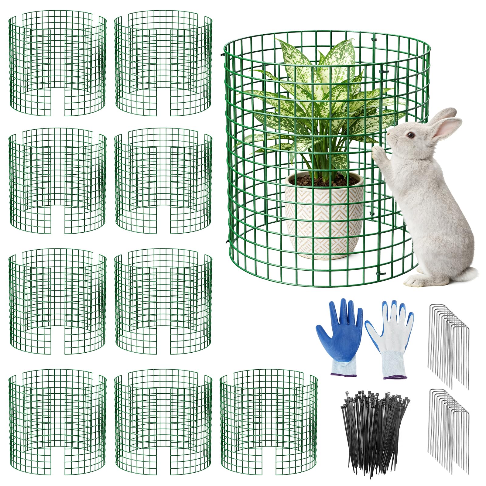 10er Set Pflanzen Schutzgitter, 33cm Hohes Grünes Metall Pflanzenschutzkäfig mit Handschuhen, Kabelbinder & Erdpfählen, Wiederverwendbarer Pflanzenschutz, Schutz vor Kaninchen & Kleintiere