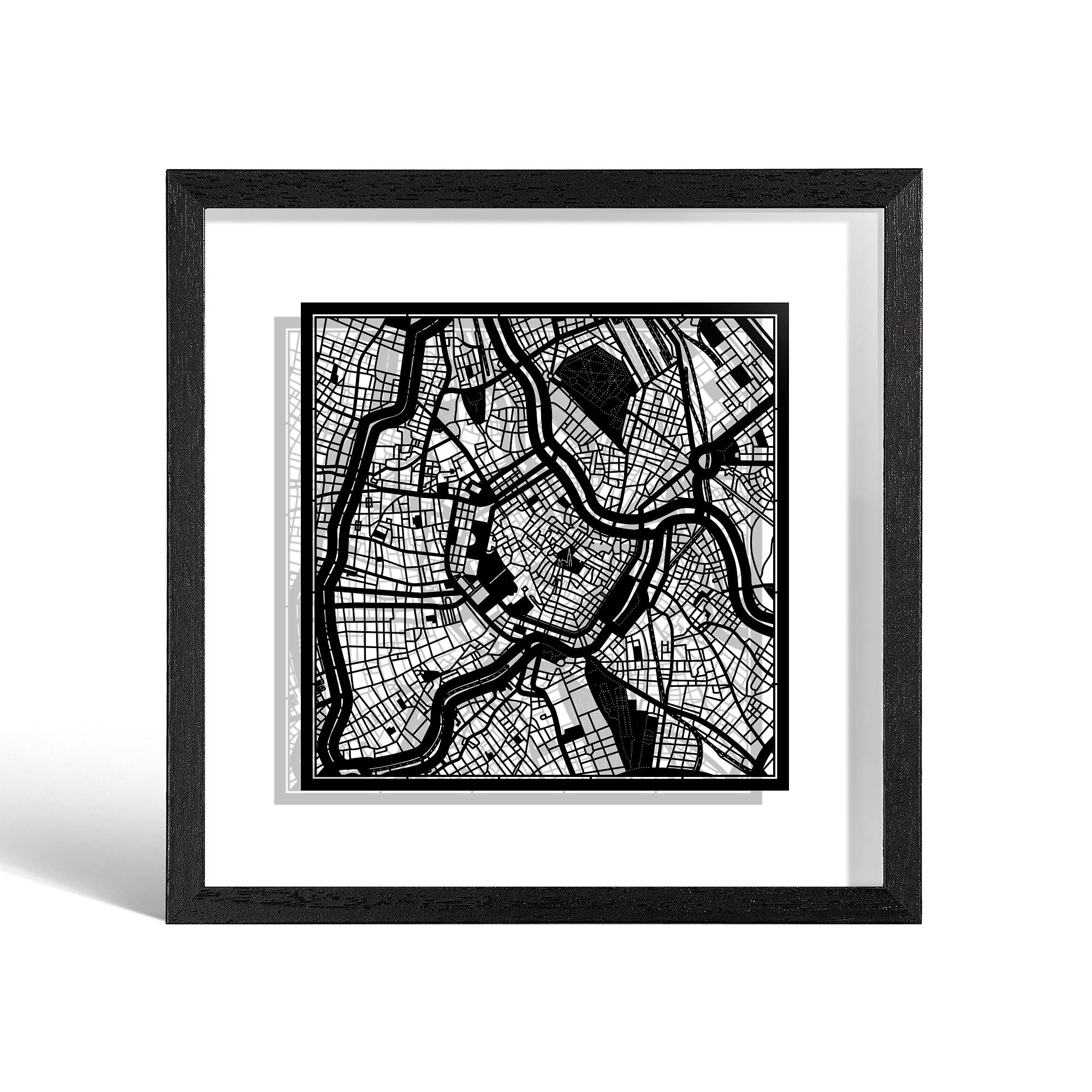 O3 DESIGN STUDIO Vienna Paper Cut Map framed, Black map, Black frame, 23x23 cm, Gift Boxed, 2 background color, self-changing, Paper Art