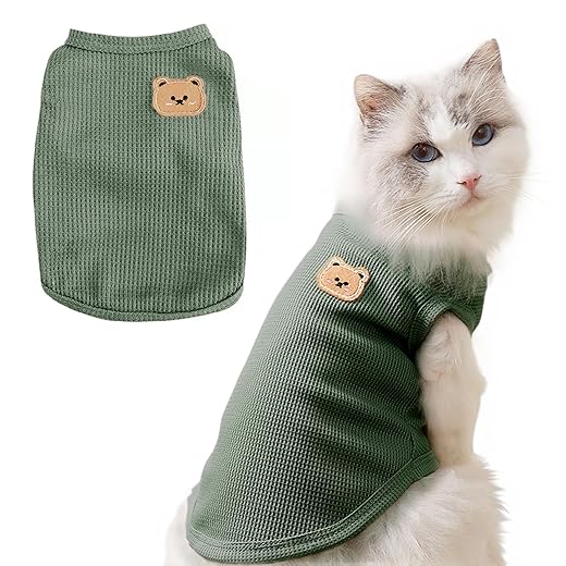 Waffle Knit Cat & Dog T Shirt for Small Dogs, Stretchable Puppy Shirt for Sphynx Cats & Small Breeds, Pet Clothes | Breathable Summer/Winter Apparel for Newborn(Green Large)