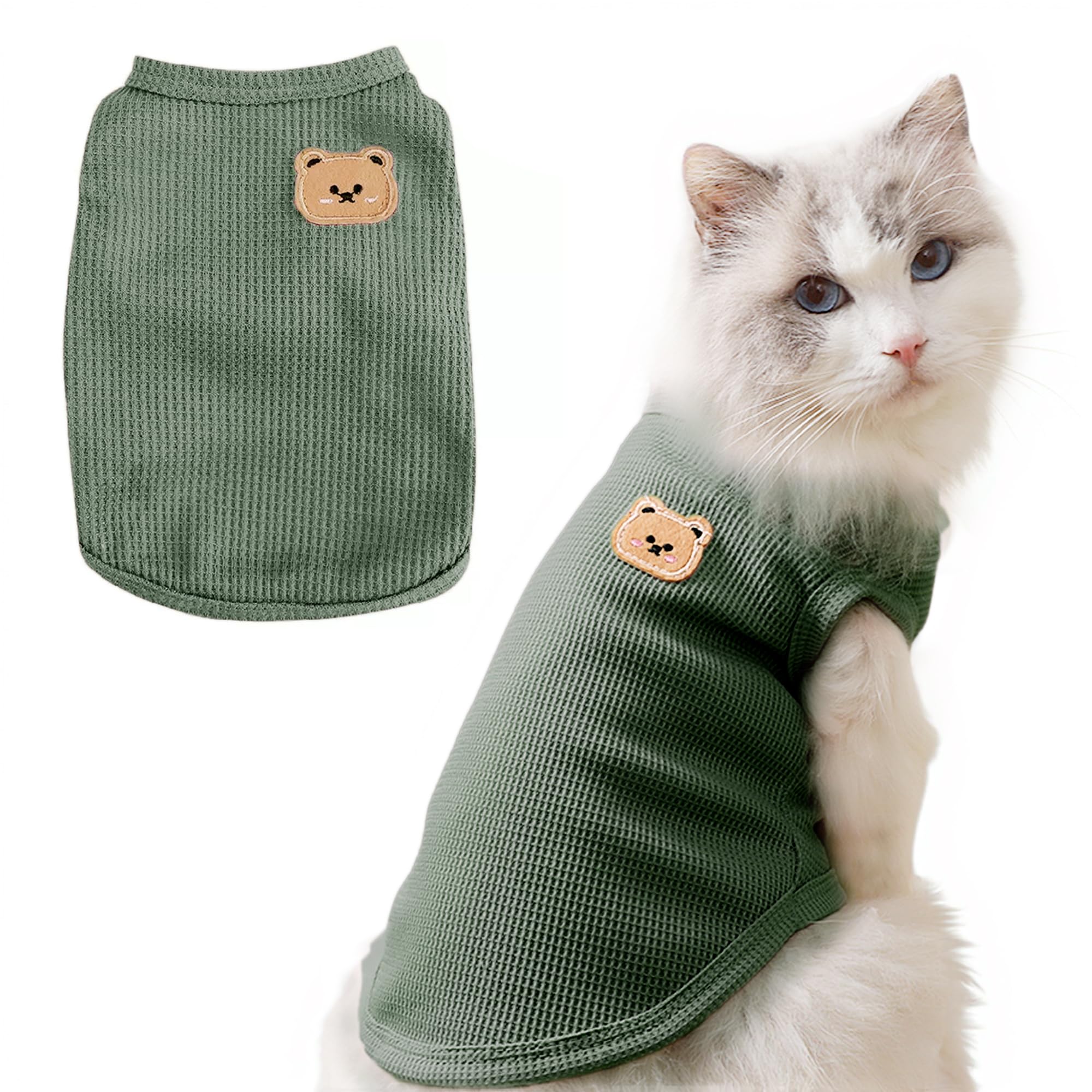 Waffle Knit Cat Shirt & Small Dog Clothes - All-Season Stretchable Pet Shirt for Sphynx Cats & Small Breeds | Breathable Summer/Winter Apparel (Green, Medium)