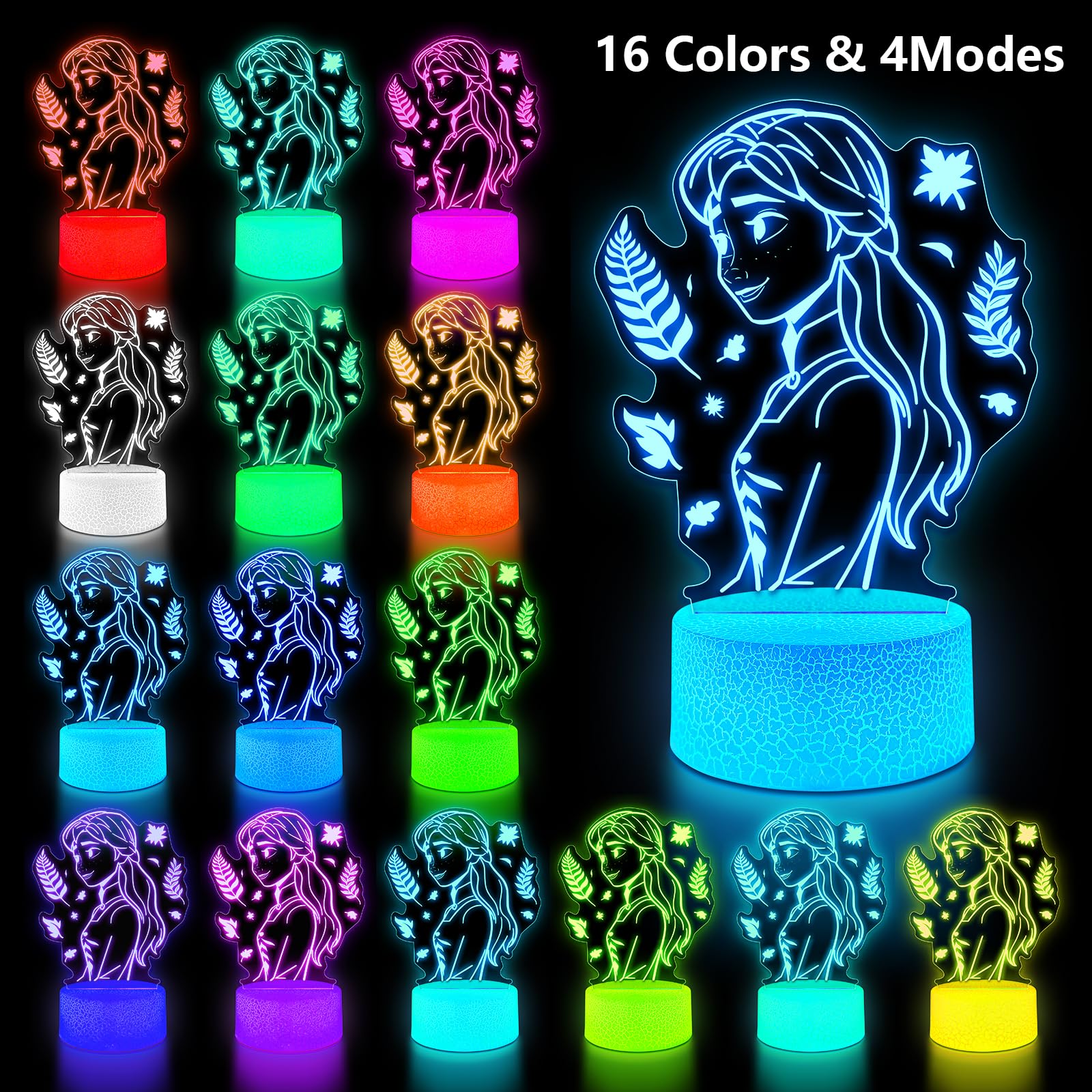 Niedliches Nachtlicht für Kinder [2er-Set] 16 Farben ändern Prinzessinnen-Dekor-Lampe mit Fernbedienung, dimmbar für Mädchenzimmer, 3D-Illusion, LED-Nachtlichter, ideales Geschenk für Mädchen