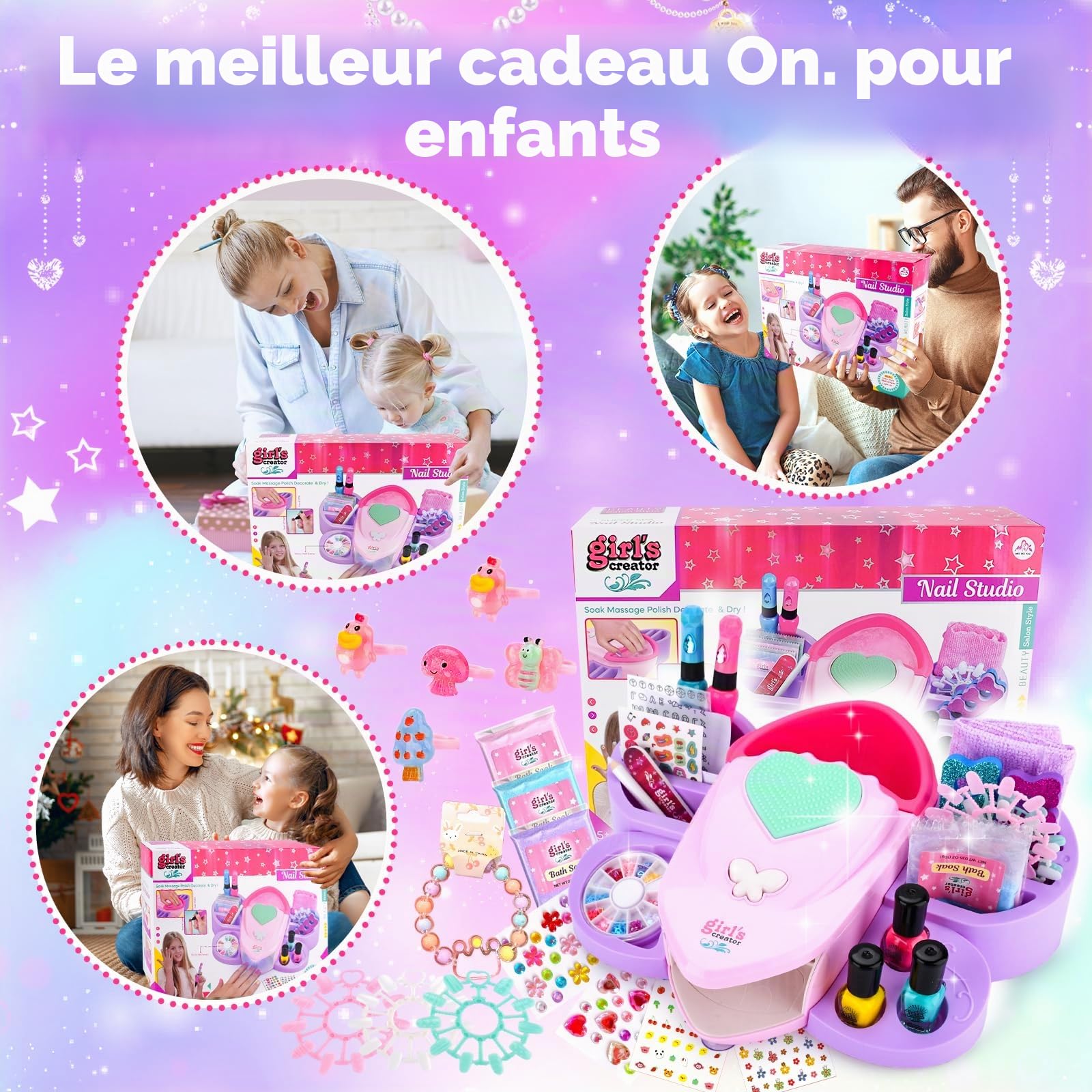 Kit Manucure Enfant Fille,Nail Art Jouet Cadeau,Contient Sèche Ongles,Peel-off Pailleté Vernis à Ongles,du glitter,des autocollants amusants,etc. 6+ Ans Cadeau d'anniversaire De Noël pour Filles