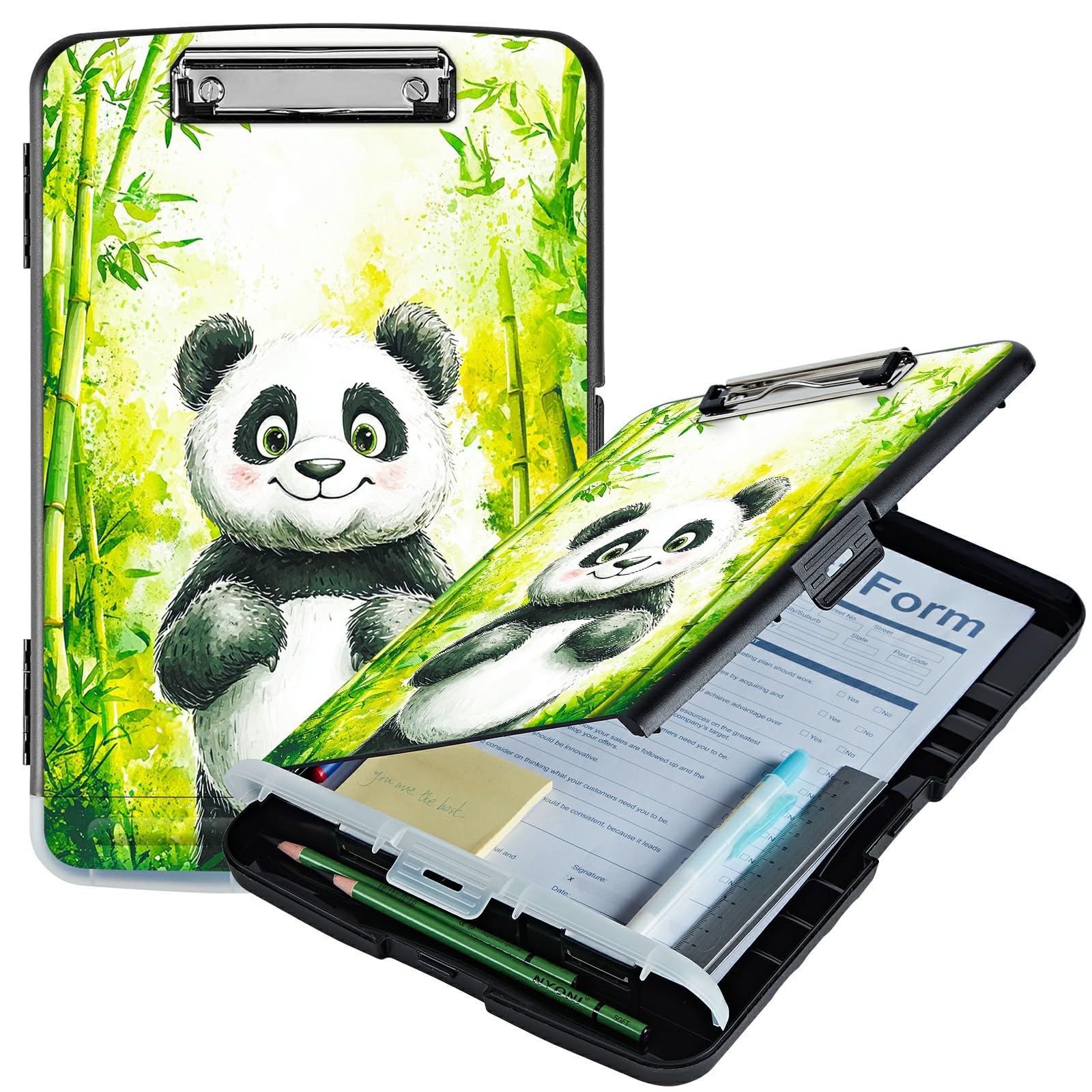 RWUTYTIUL Green Bamboo Panda A4 Clipboard with Storage Pen Holder, Clipboards Organizer Nursing Clipboard Foldable File Folder Plastic Clipboard Folio Clip Board for Office Students Classroom Doctor — image 1