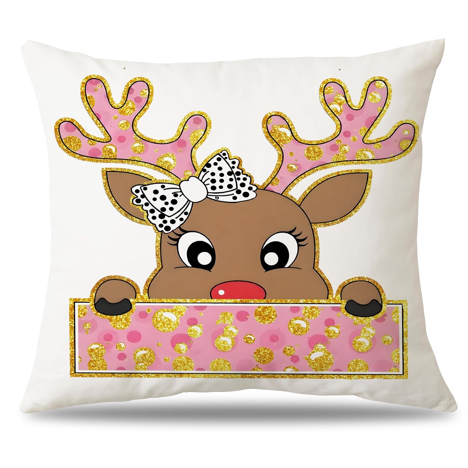 AgriFusion Tech Reindeer Christmas Pillow Covers 18x18 Pink Gold Reindeer Decor Cute Christmas Pillowcases Festive Home Decor Gifts