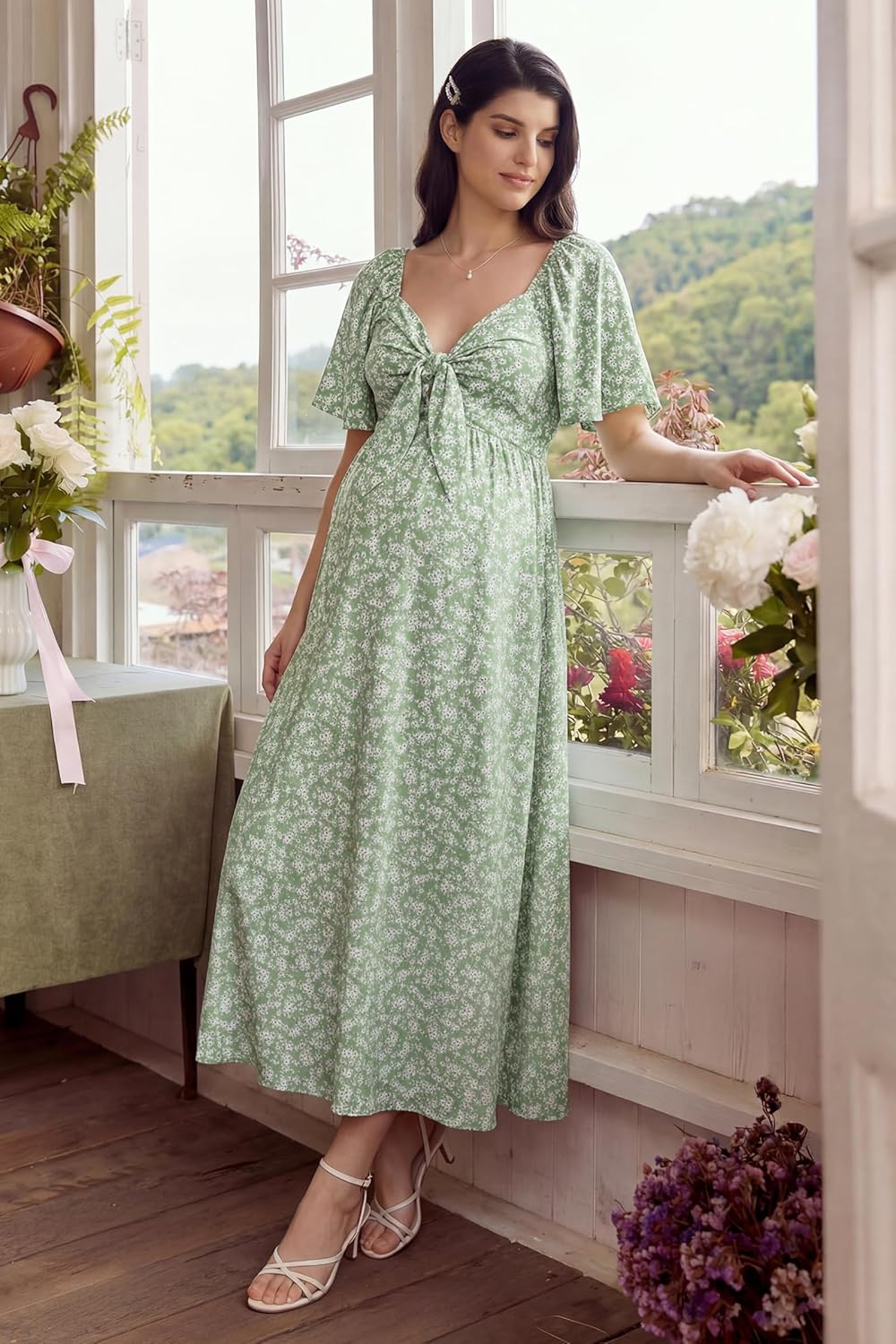 OUGES Women's Summer Maternity Dress for Photoshoot Bow Tie V Neck Floral Baby Shower Midi Dresses with Pockets 2026