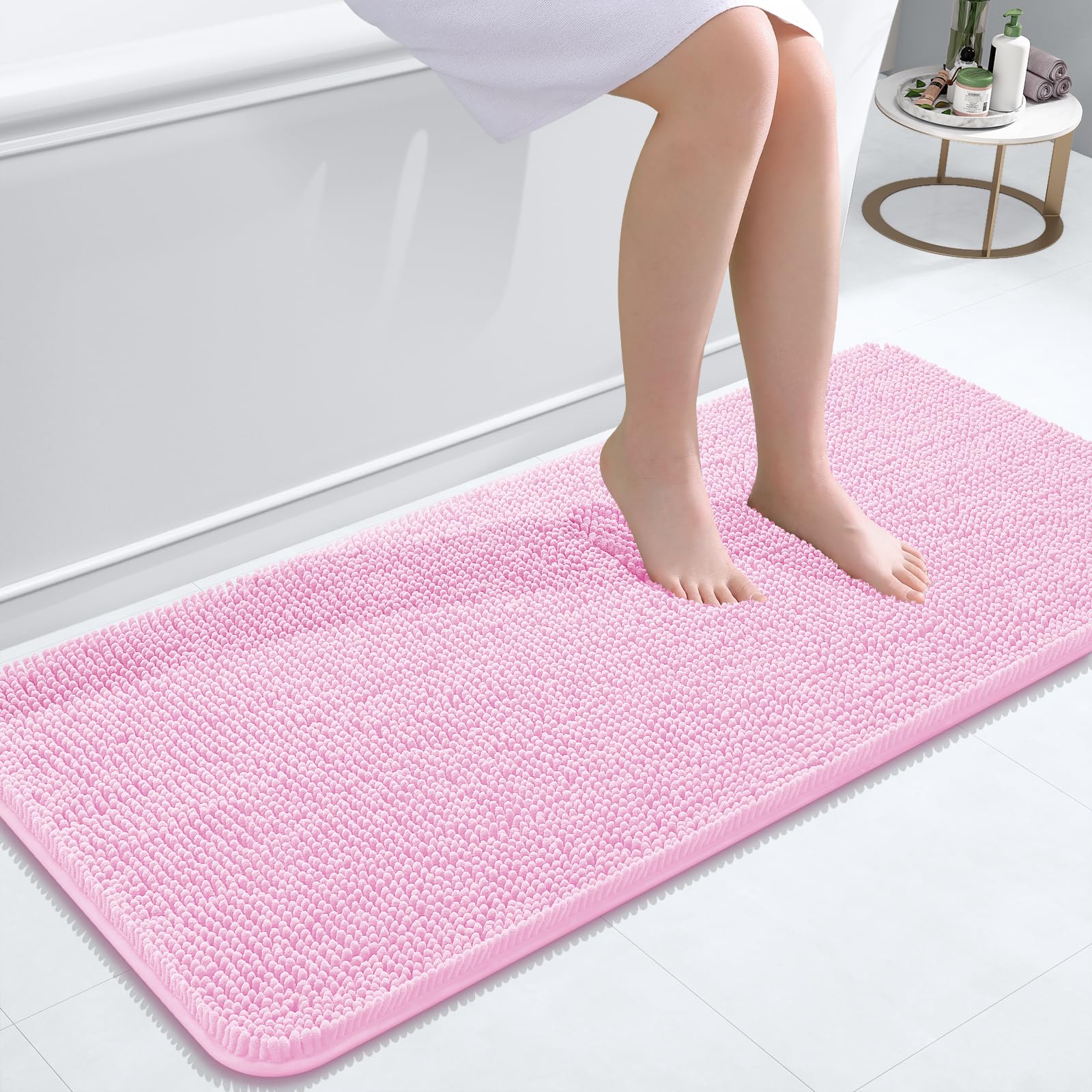 OLANLY Bathroom Runner Rugs 47x20, Extra Soft Absorbent Chenille Bath Rugs | Pink, Quick-Drying Rubber Backing, Machine Washable Long Bath Mat for Bathroom Floor, Tub and Shower, Home Decor Accessories