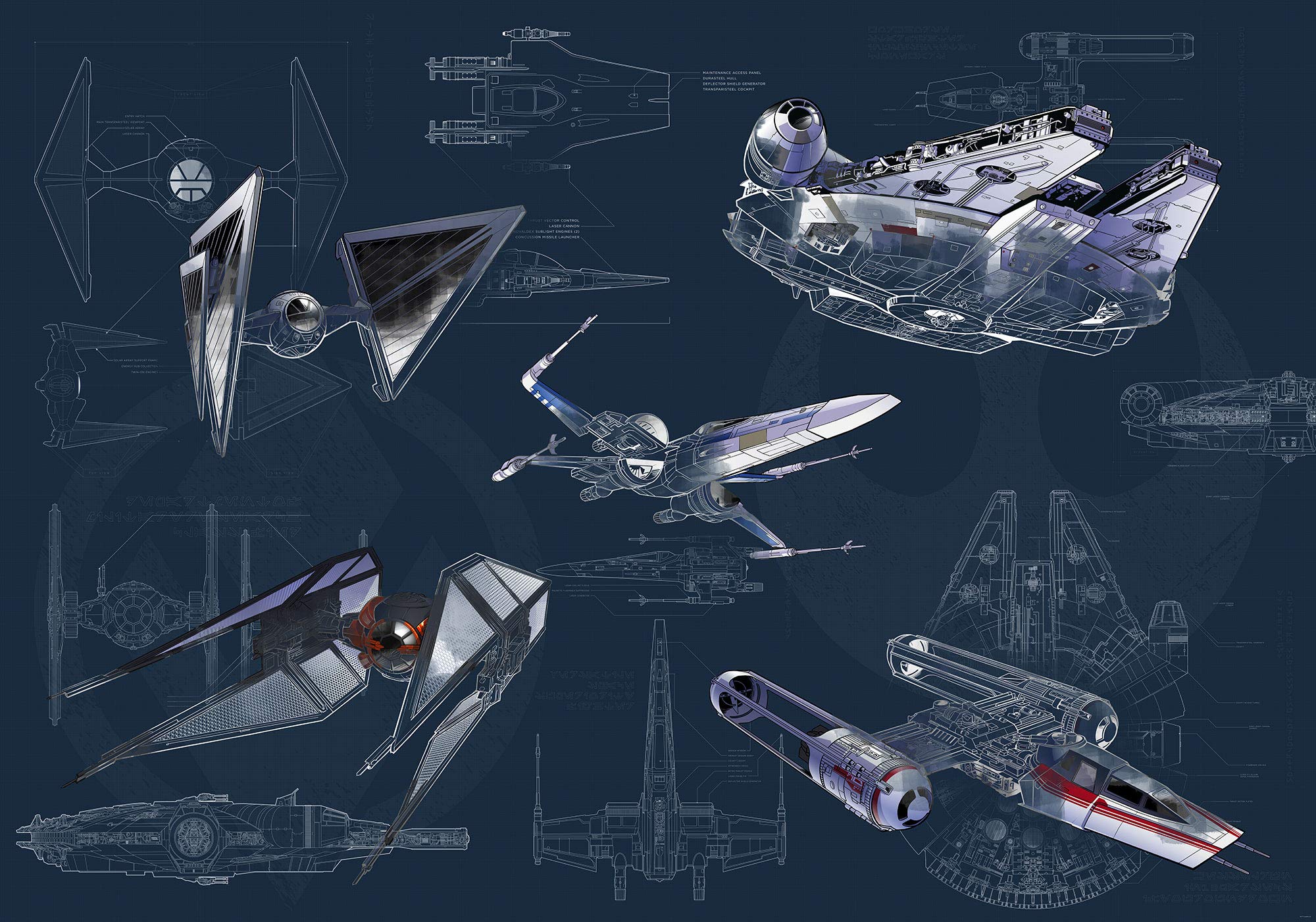 Komar Star Wars Blueprint Dark | Wymiary: 400 x 280 cm (szerokość x wysokość), szerokość wstęgi 50 cm | tapeta, obraz ścienny, dekoracja, wykładzina ścienna, pokój dziecięcy, | DX8-077 fototapeta z