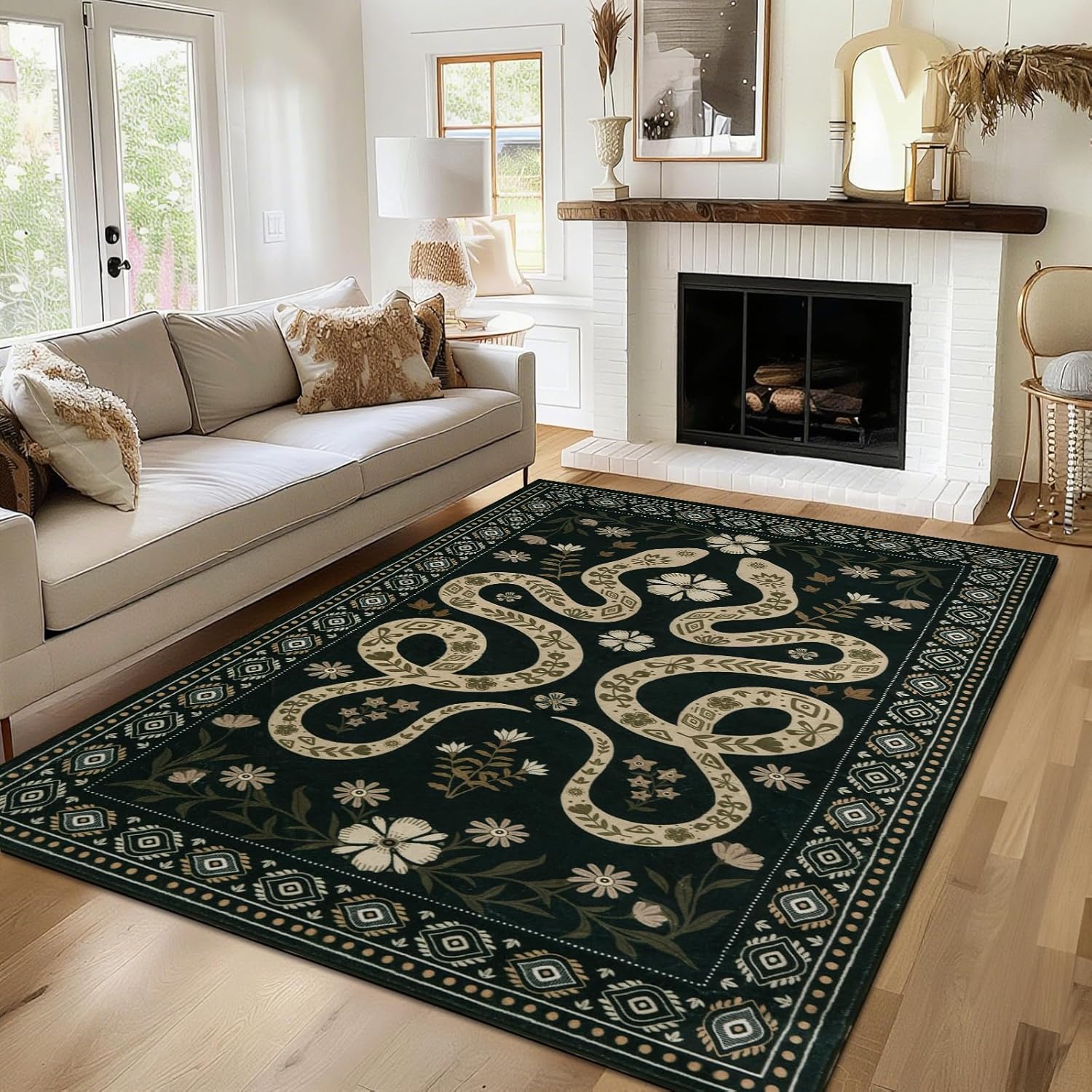 MOSISO 4x6 Area Rug for Living Room, Soft Non-Slip Twin Snakes and Flowers Low Pile Carpet, Faux Wool Rectangular Washable Floor Mat for Home Decor Bedside Bedroom Diningroom, Green
