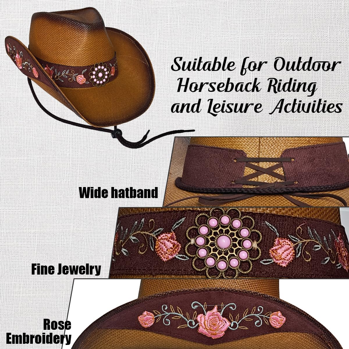Straw Cowboy Hats for Women, Pink Flower Straw Western Party Concert Women's Cowboy Hat, Vintage Wide-Brimmed Hat - Image 3