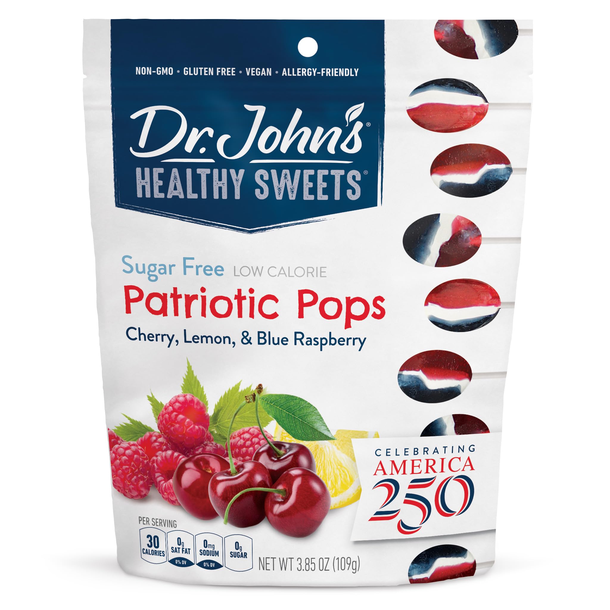 Dr. John’s Sugar Free Candy Patriotic Pops with Zero Sugar, Dye-Free, Plant Based, Keto Friendly, 14 Count, 3.85oz Bag