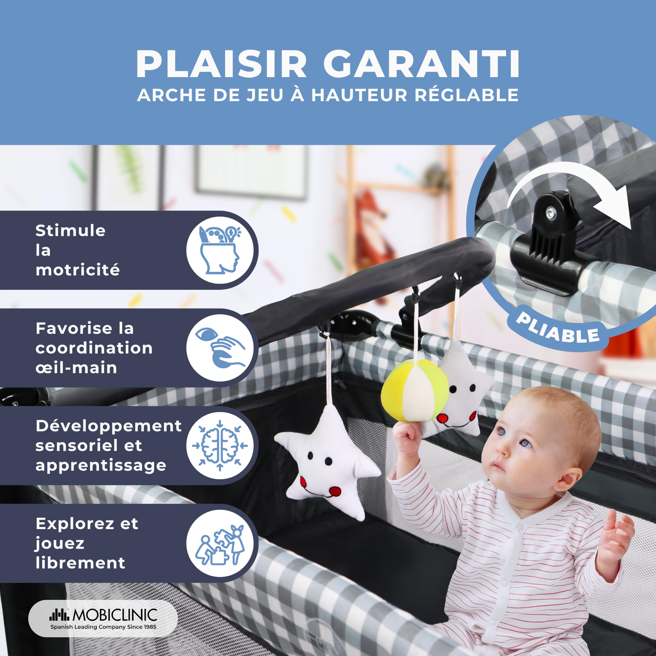 Mobiclinic®, 3 en 1 lit Parapluie bébé, De Voyage à 2 Niveaux, Table Lange, Parc Berceau, Entrée latérale, Sac Transport, Caelum, Roues avec Frein, Max.15 kg, Poche Rangement