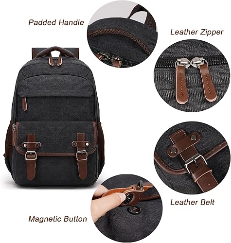 Miniatura 4 de Mochila de lona para laptop con puerto de carga USB, mochila vintage para hombres y mujeres, mochila negra de viaje para trabajo, mochila