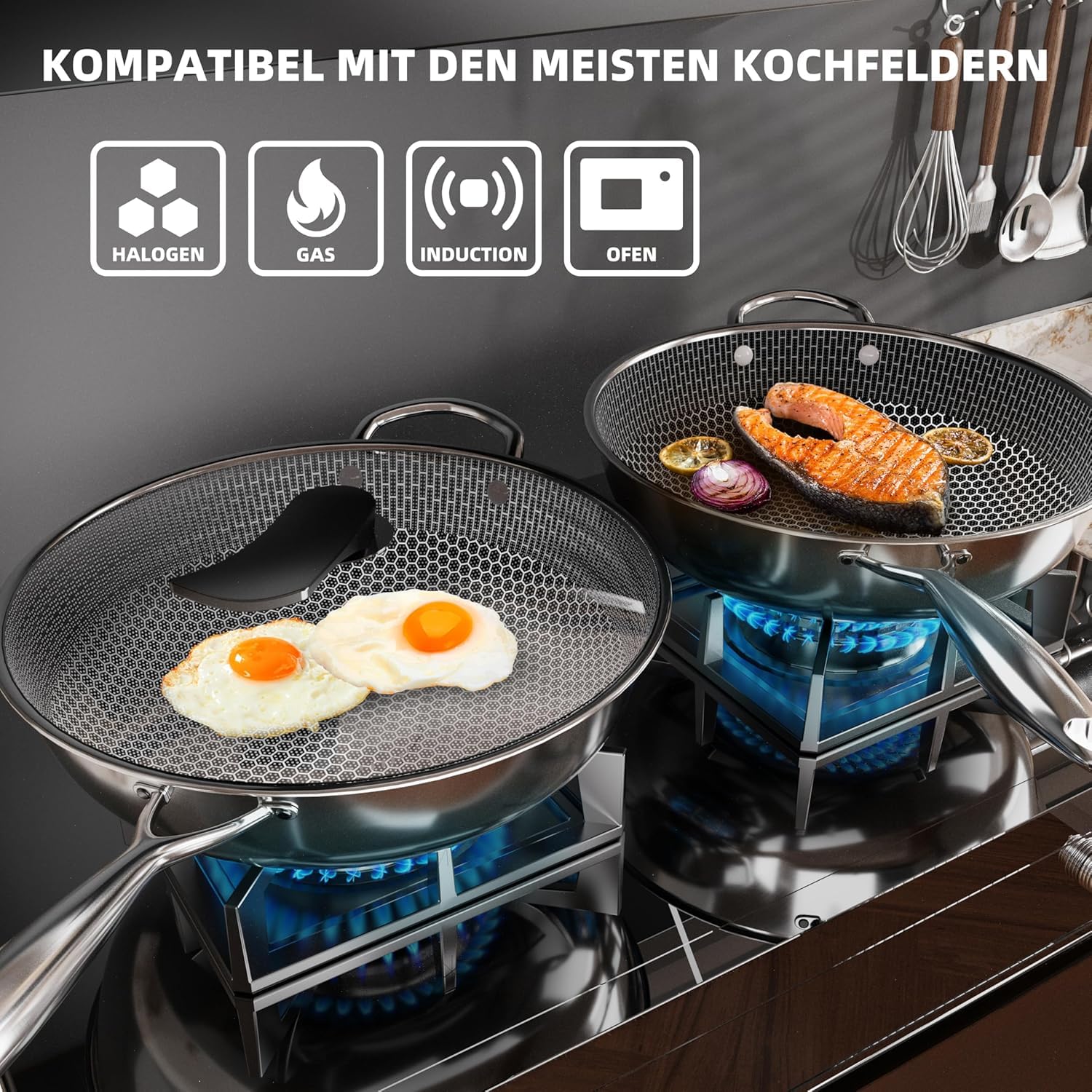 Kiseely Hybrid Wokpfanne mit Deckel 34 cm, Antihaft edelstahl Wokpfanne induktion, Bratpfanne mit Antihaftbeschichtung, Induktionfest pfanne, BPA/PFOA-frei wok (RD1)