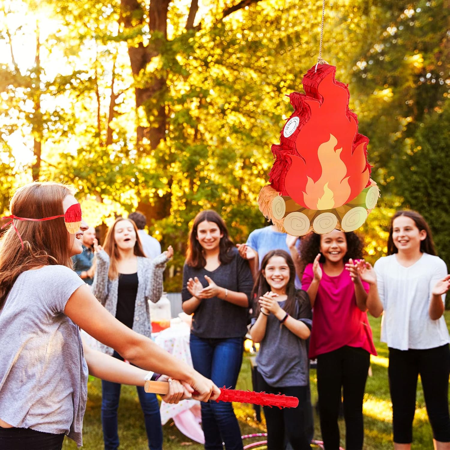 Sosation Camping Campfire Piñata Fake Flame with Blindfold and Stick Campfire Birthday Party Decoration Camping Adventure Baby Shower Confetti Set for Kids Boys and Girls, 16.1 x 10.2 x 2.8 Inch