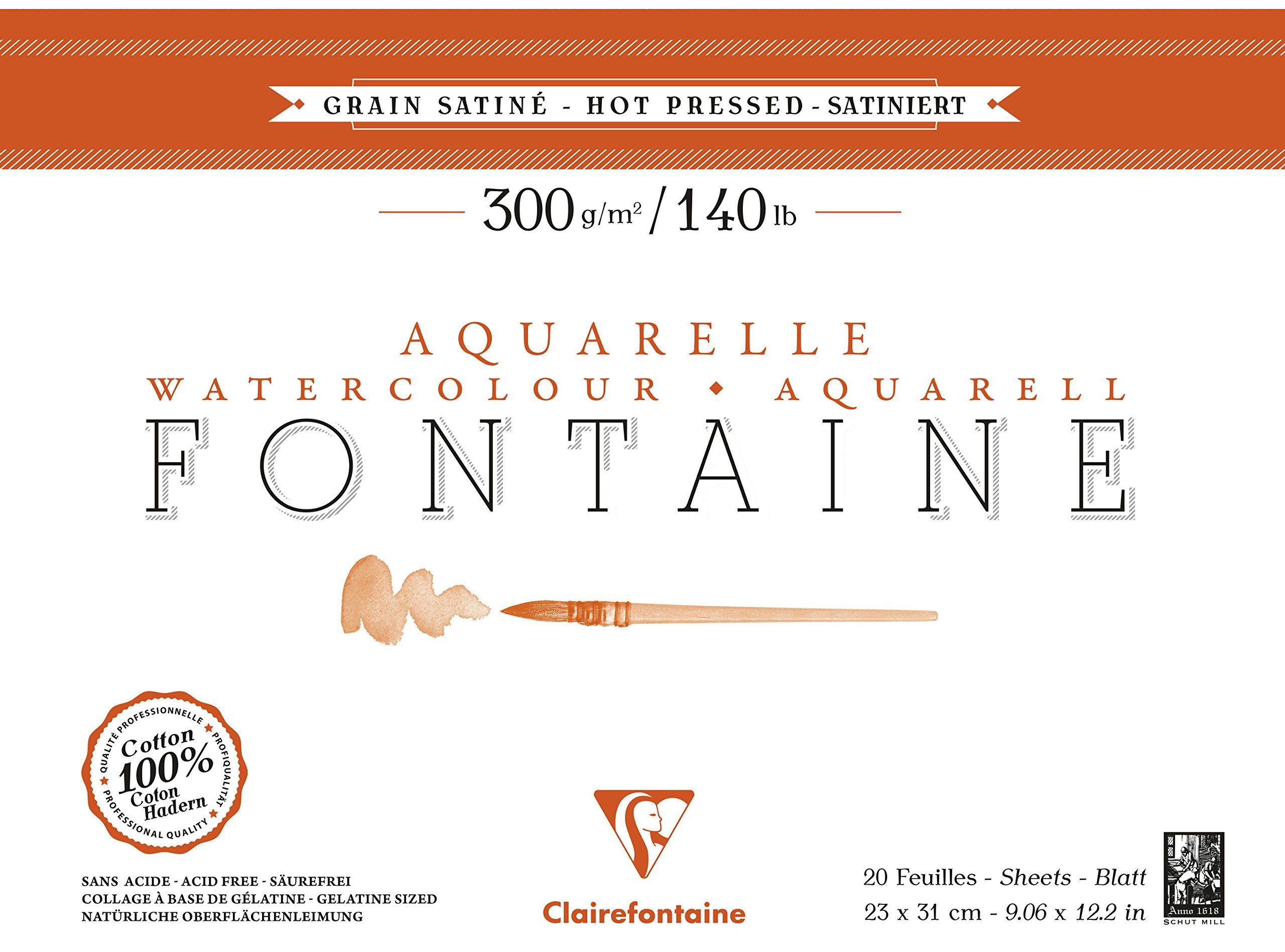 Clairefontaine - Ref 96344C - Fontaine Hot Pressed Watercolour Glued Pad (20 Sheets) - 23 x 31cm Size, 300gsm Paper - Suitable for Watercolour Artwork
