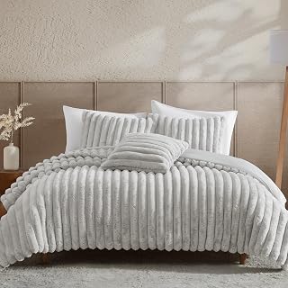 Riverbrook Home Everett Faux Fur Comforter Bedding Set, Full Queen Size, Textured Decorative Décor, Gray, 4 Pieces
