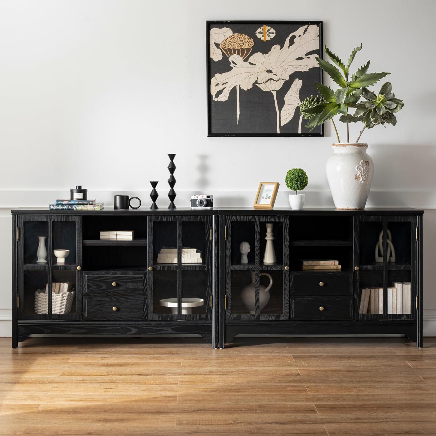 Chogori 47" Buffet Cabinet with Storage, Modern Farmhouse Sideboard with 2 Doors & 2 Drawers, Solid Wood Display Cabinet & Buffet Table for Dining Room, Kitchen, Living Room (Black)