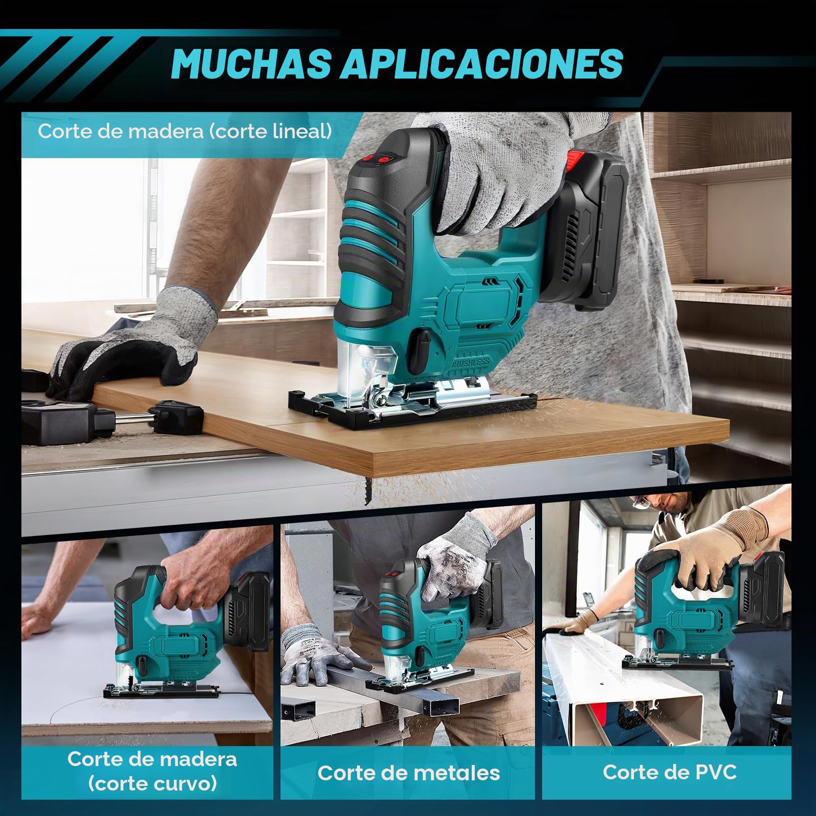 Sierra de calar eléctrica con 3 ajustes orbitales, cortes biselados ajustables a 45°, compatible con baterías de 18 V, para cortar madera y metal (batería no incluida)