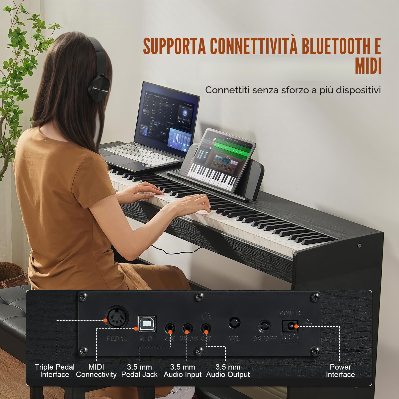 VEVOR Pianoforte Digitale con 88 Tasti Completamente Pesati, Tastiera Elettrica Set Pianoforte con Doppia Tastiera, Altoparlanti, Doppia Panca, Pianoforte 200 Suoni e Ritmi, Bluetooth USB MIDI