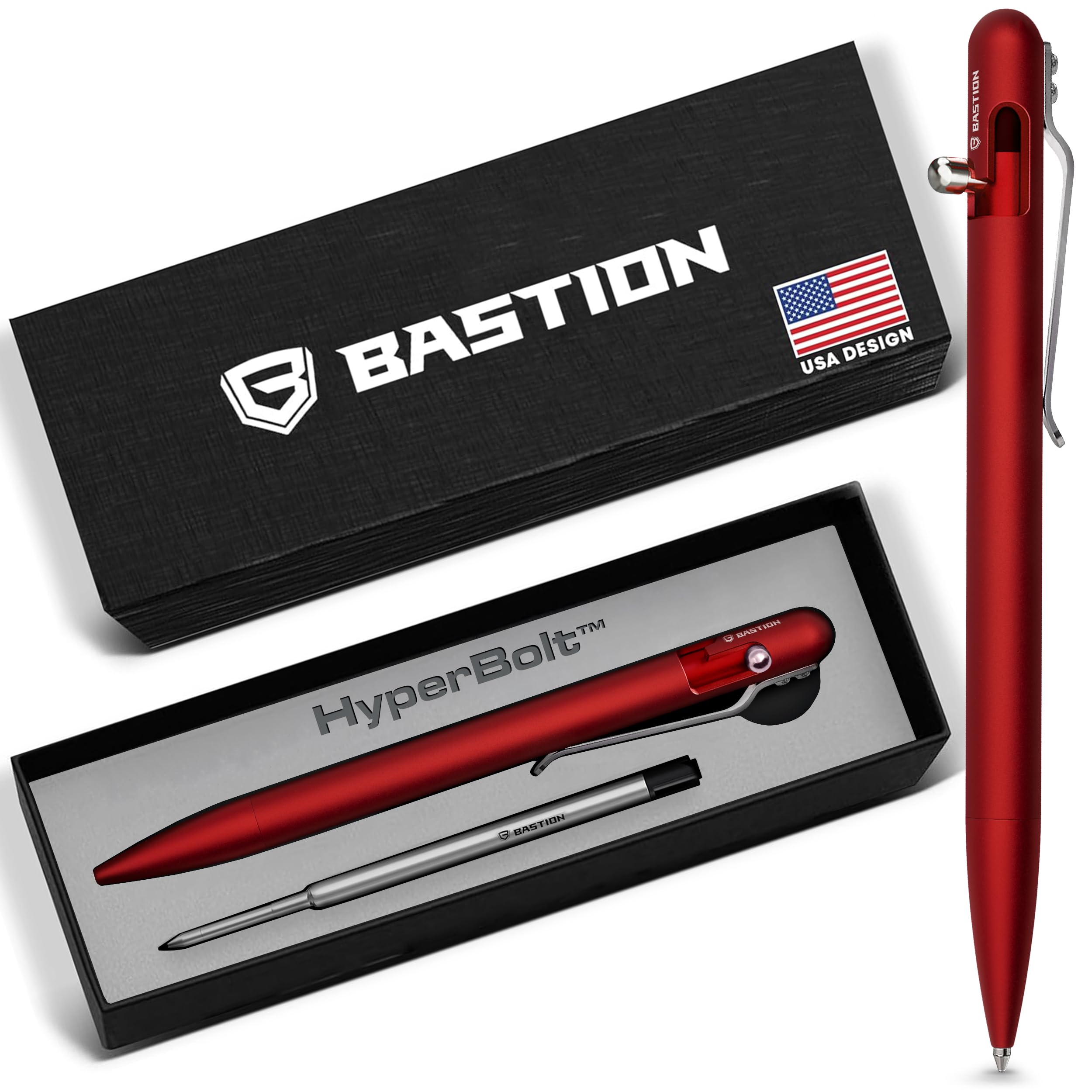 Luxury Gift Pen – BASTION Exclusive Hyperbolt™ Slim Aluminium Red Ballpoint, Executive Metal Writing Instrument, premium construction, ideal for professionals, perfect for office or personal use