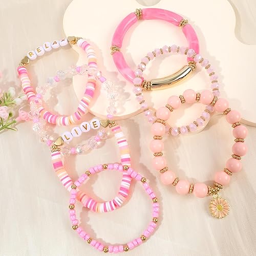 Miniatura 5 de Bohemian Colorful Beaded Bracelets for Women Boho Stackable Natural Stone Letter Clay Glass Beads Stretch Bracelet Set with Charm, Cute Rainbow