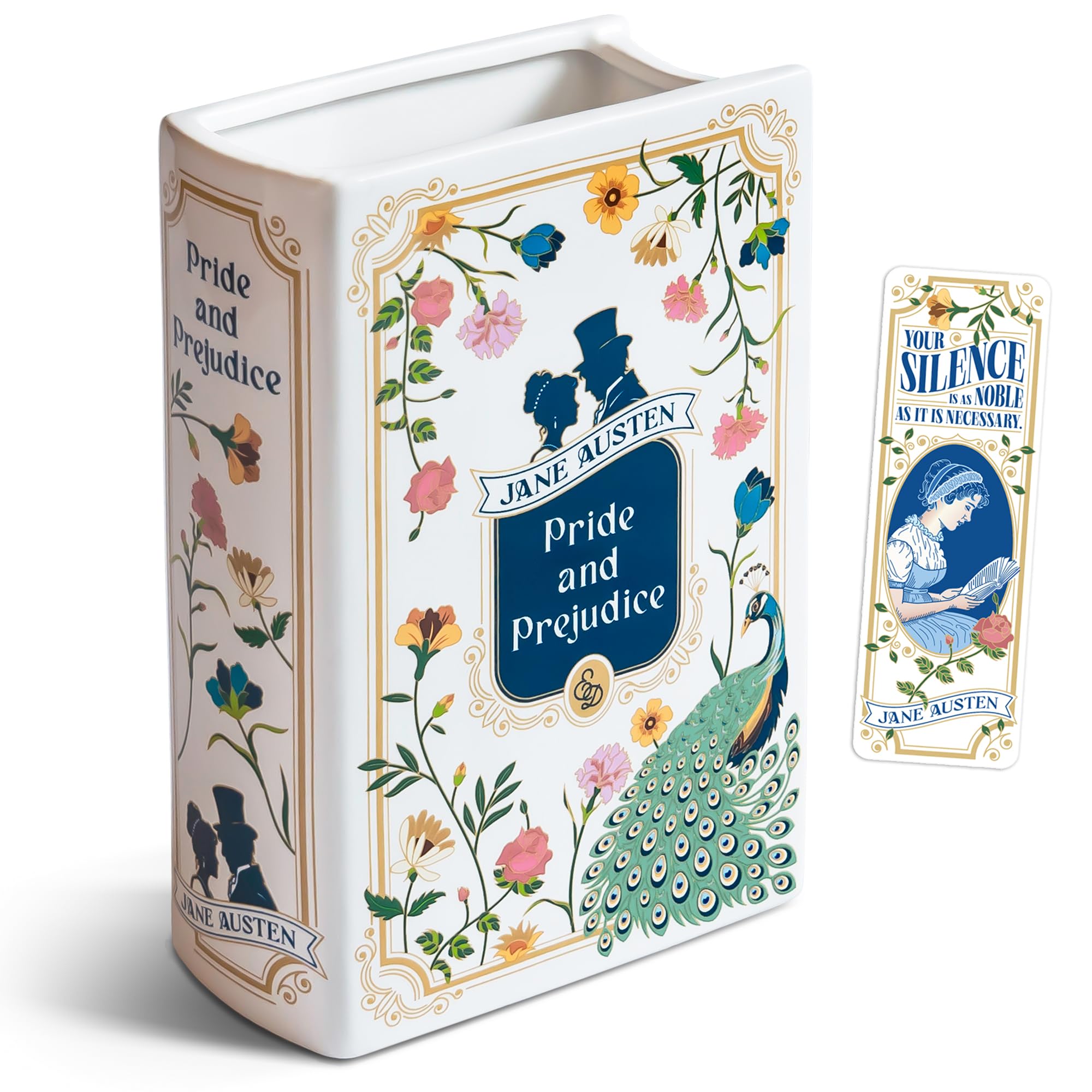 H&H Pride and Prejudice Book Vase for Flowers + Bookmark - Large Ceramic Book Planter Pot - Jane Austen Bookish Decor - Pride and Prejudice Gifts - Bookshelf Vase for Flowers - 2025 Edition