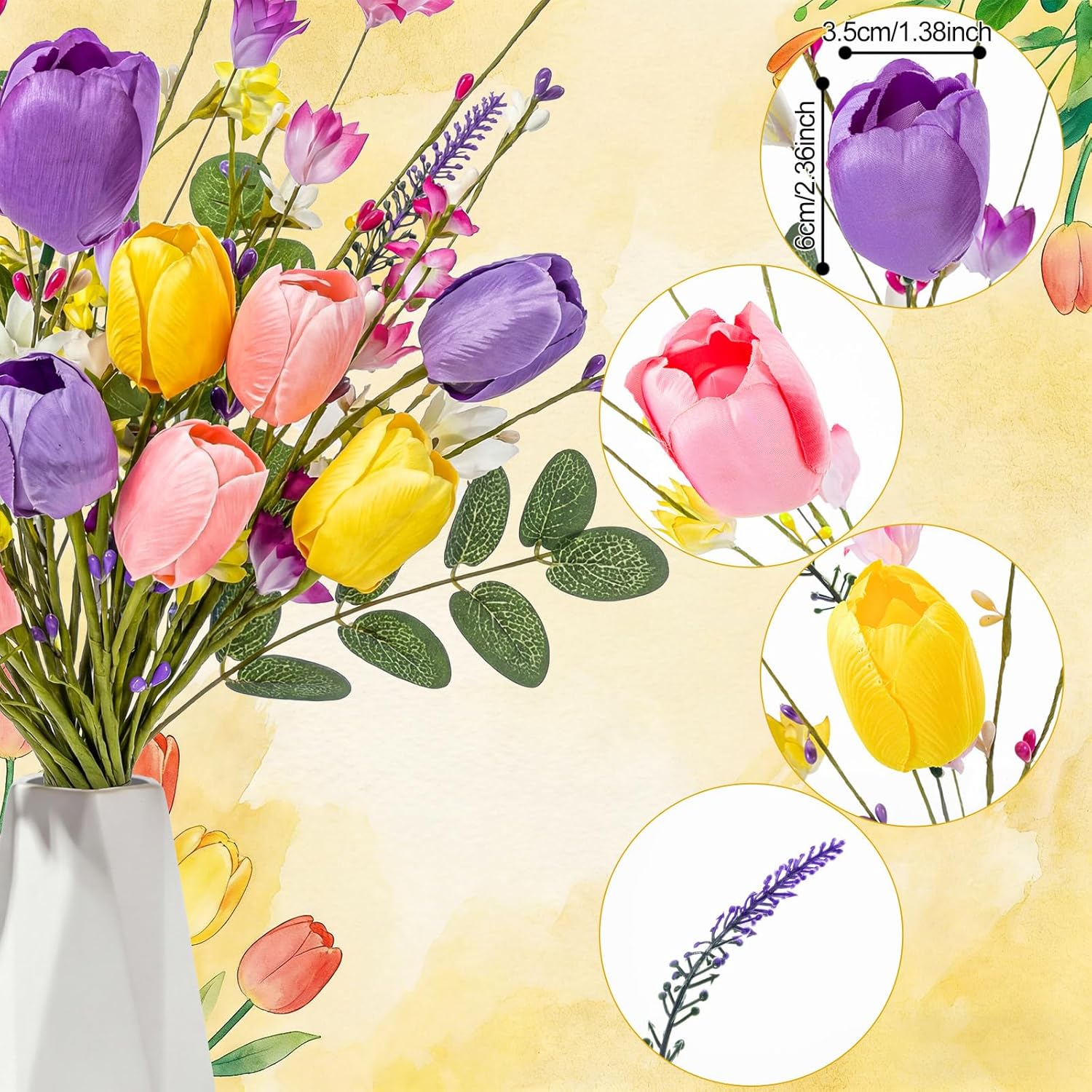 Artificial Spring Flowers 18 Bundles Artificial Pastel Faux Tulips Spring Fake Wildflowers 17'' Floral Picks with Tulips Wildflowers for Centerpiece Vases Floral Arrangements Easter Summer Home Decor
