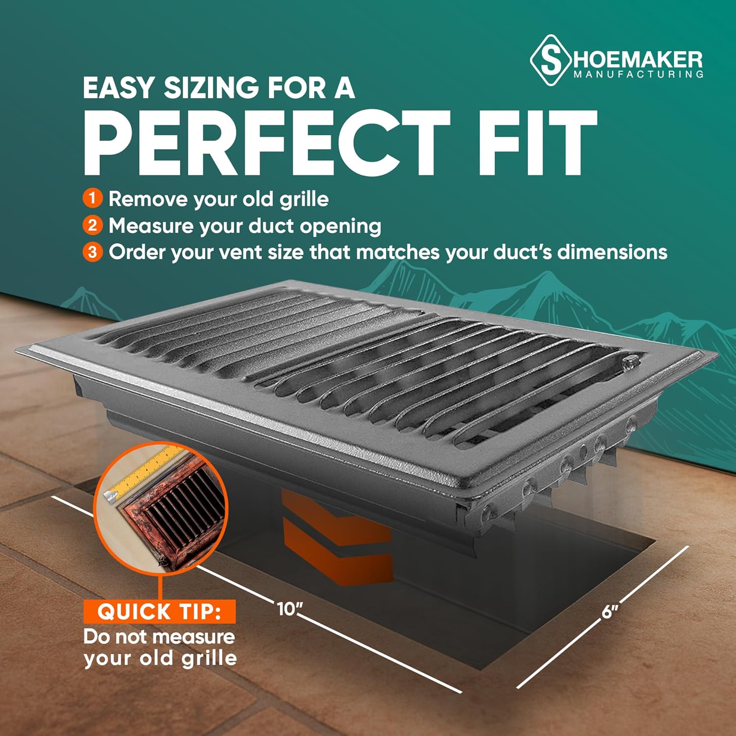 Shoemaker 6x10 Floor Register – Storm Gray Heavy Duty Metal Floor Vent Cover for Home Floors - Premium Forced Air Vent Covers